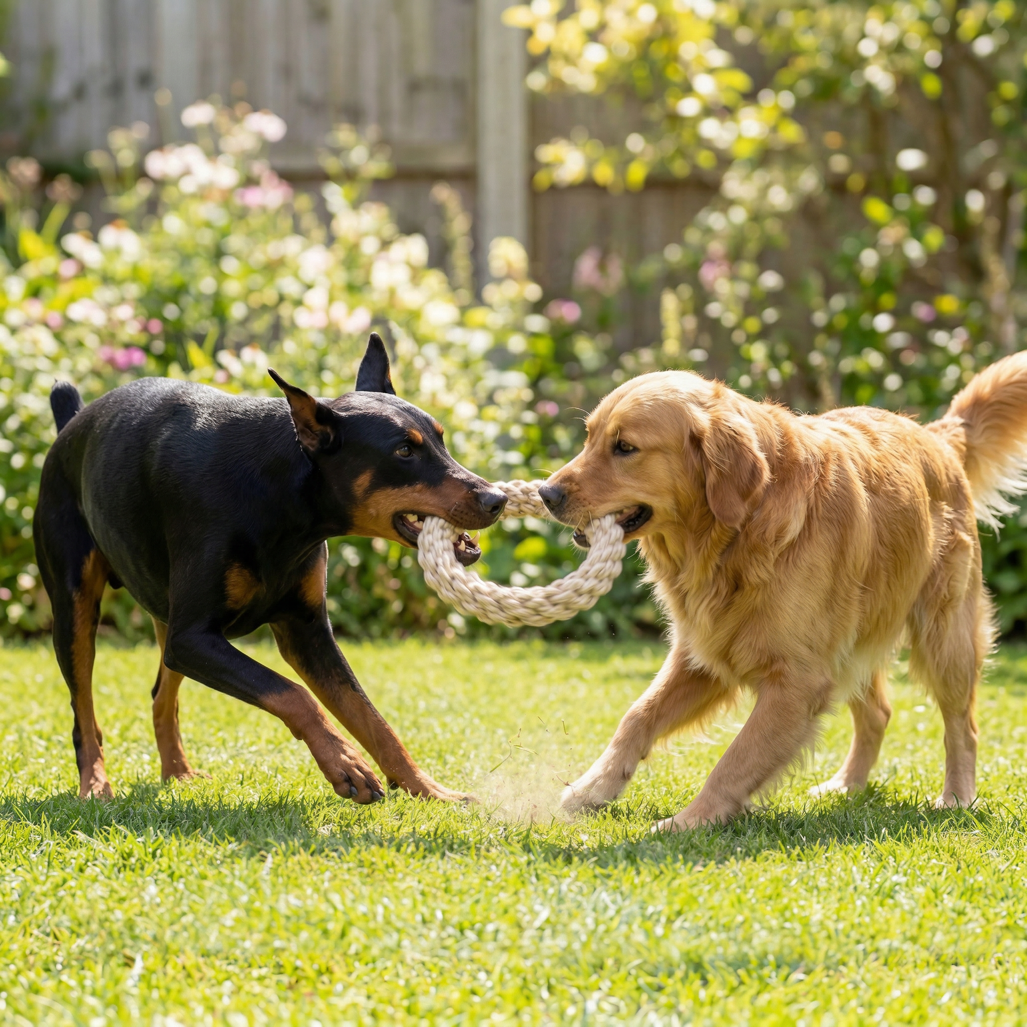 Two dogs playing with a rope toy in a garden