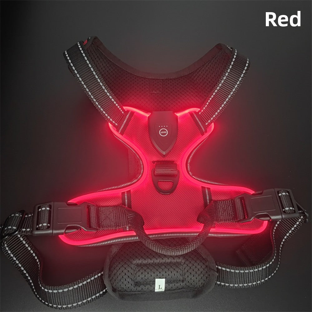 Red LED dog harness on a dark background