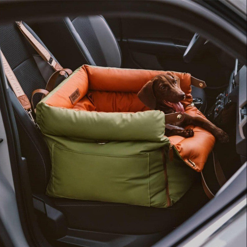 Dog lying on a green and orange pet seat in a car