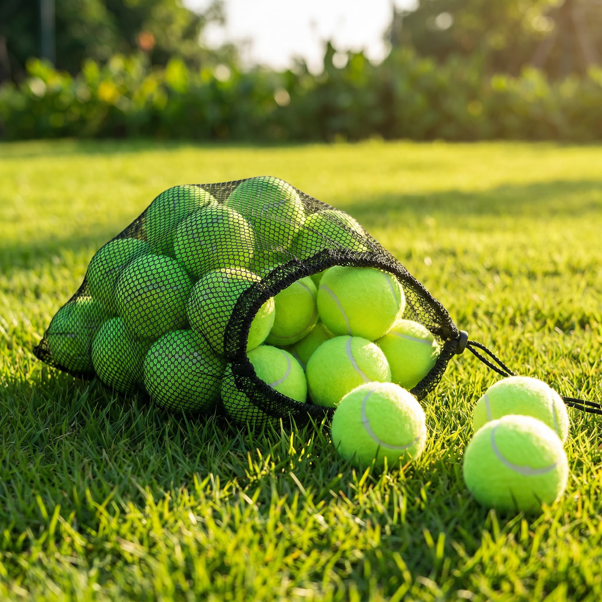 Bag of tennis balls on a grassy field