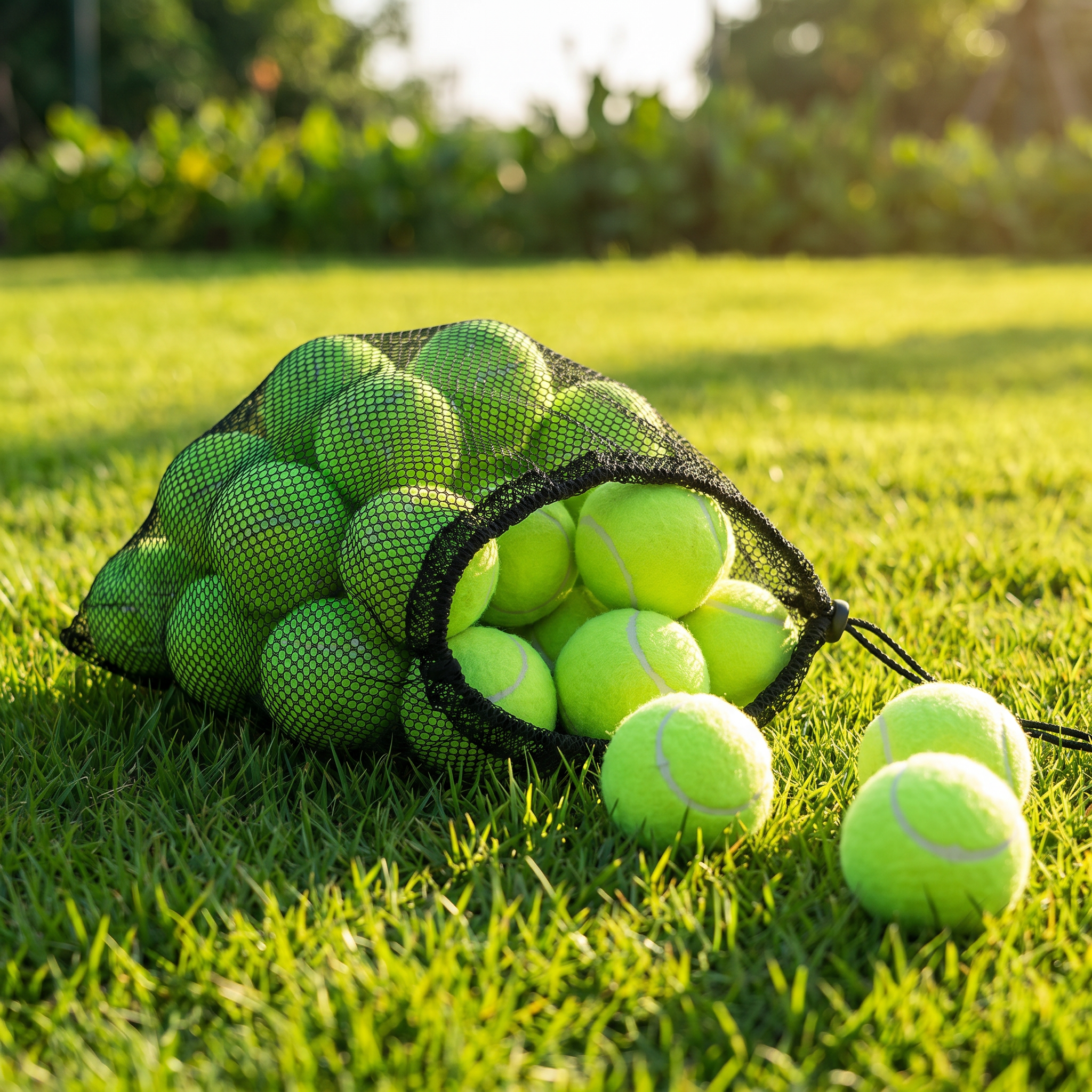 Bag of tennis balls on a grassy field
