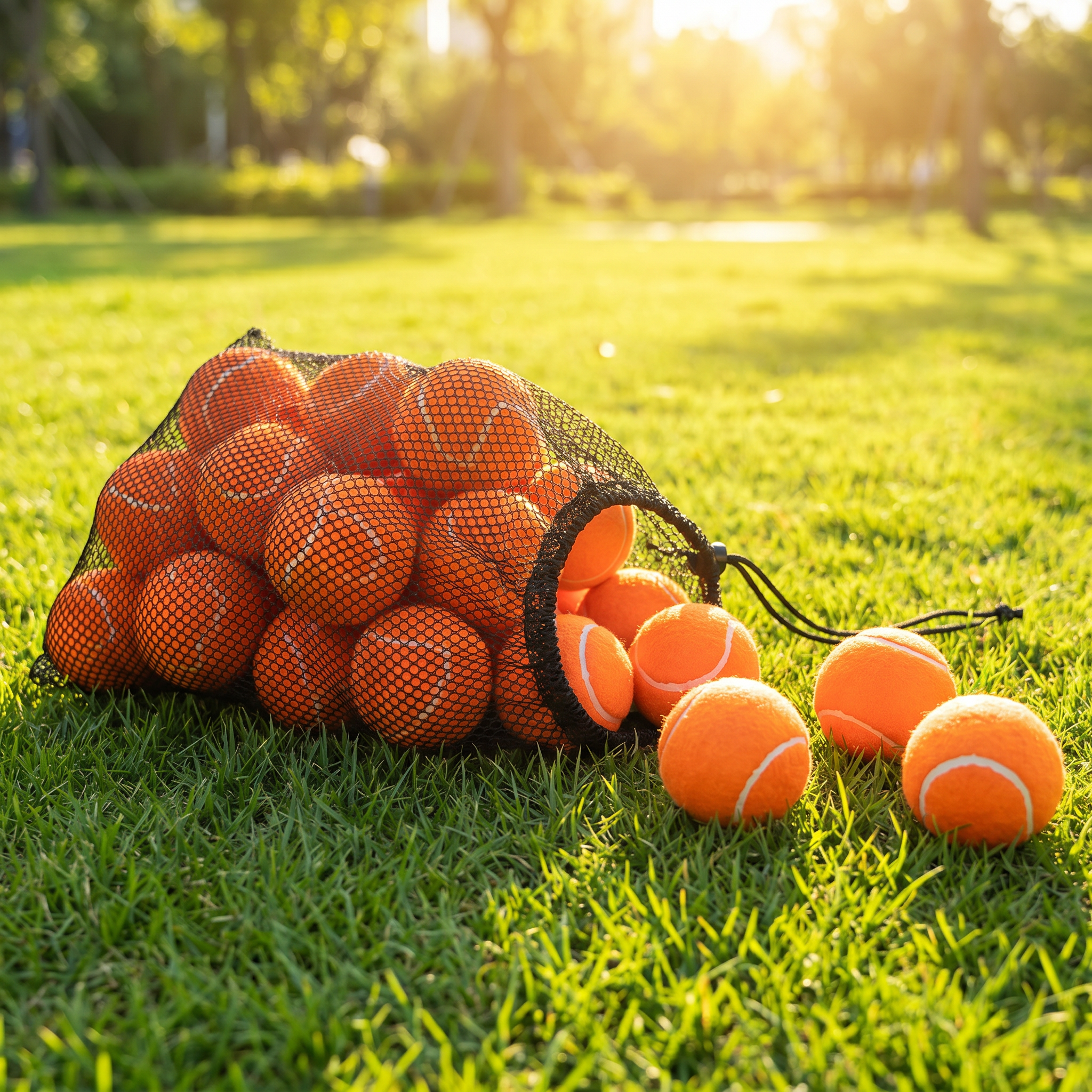 Orange tennis balls spilling out of a black mesh bag on grass with sunlight filtering through trees