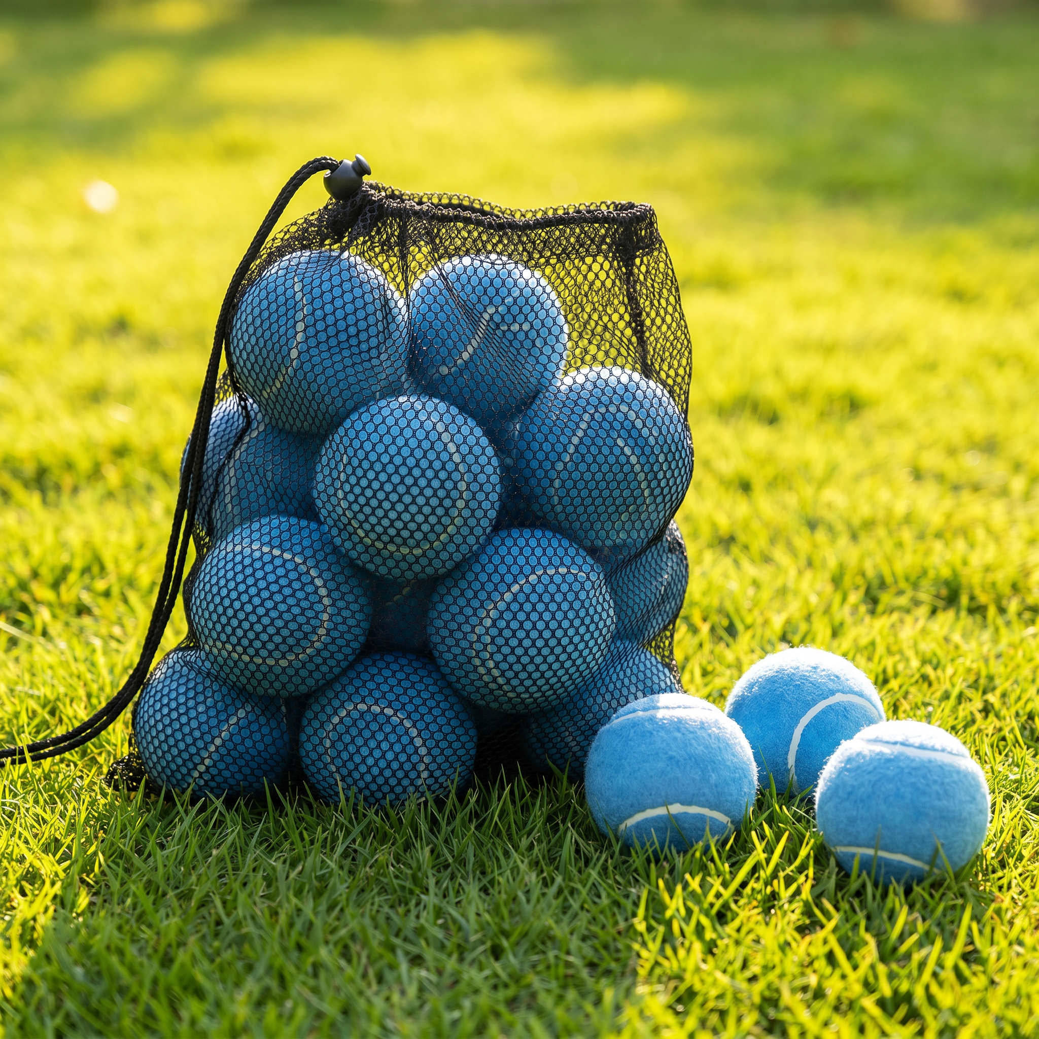 Bag of blue tennis balls on a grassy field