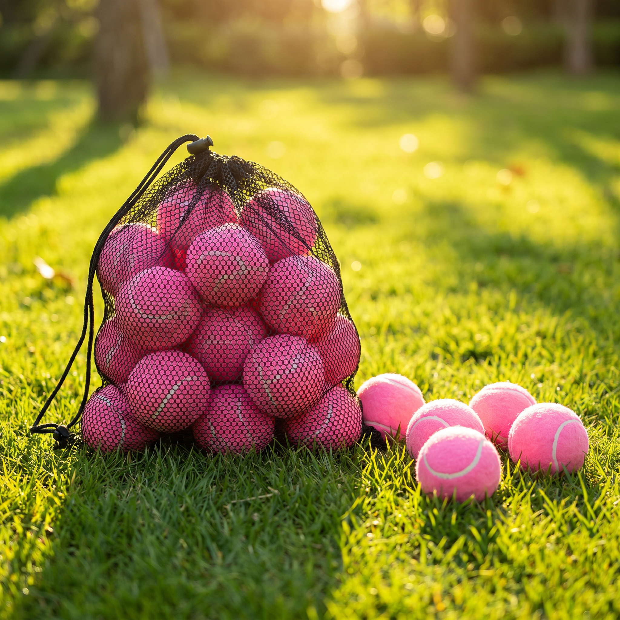 Bag of pink tennis balls on a grassy field