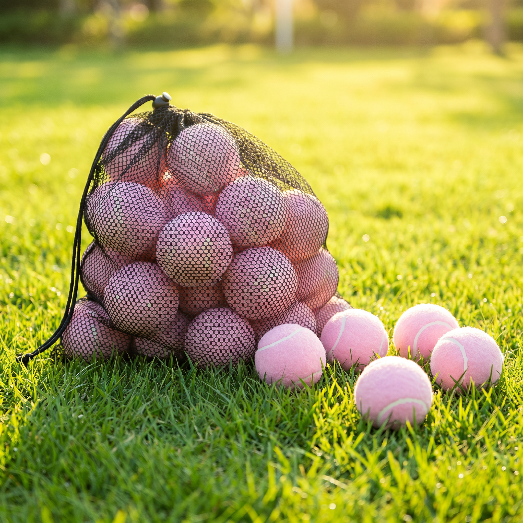 18 pink tennis balls on green grass on a sunny day