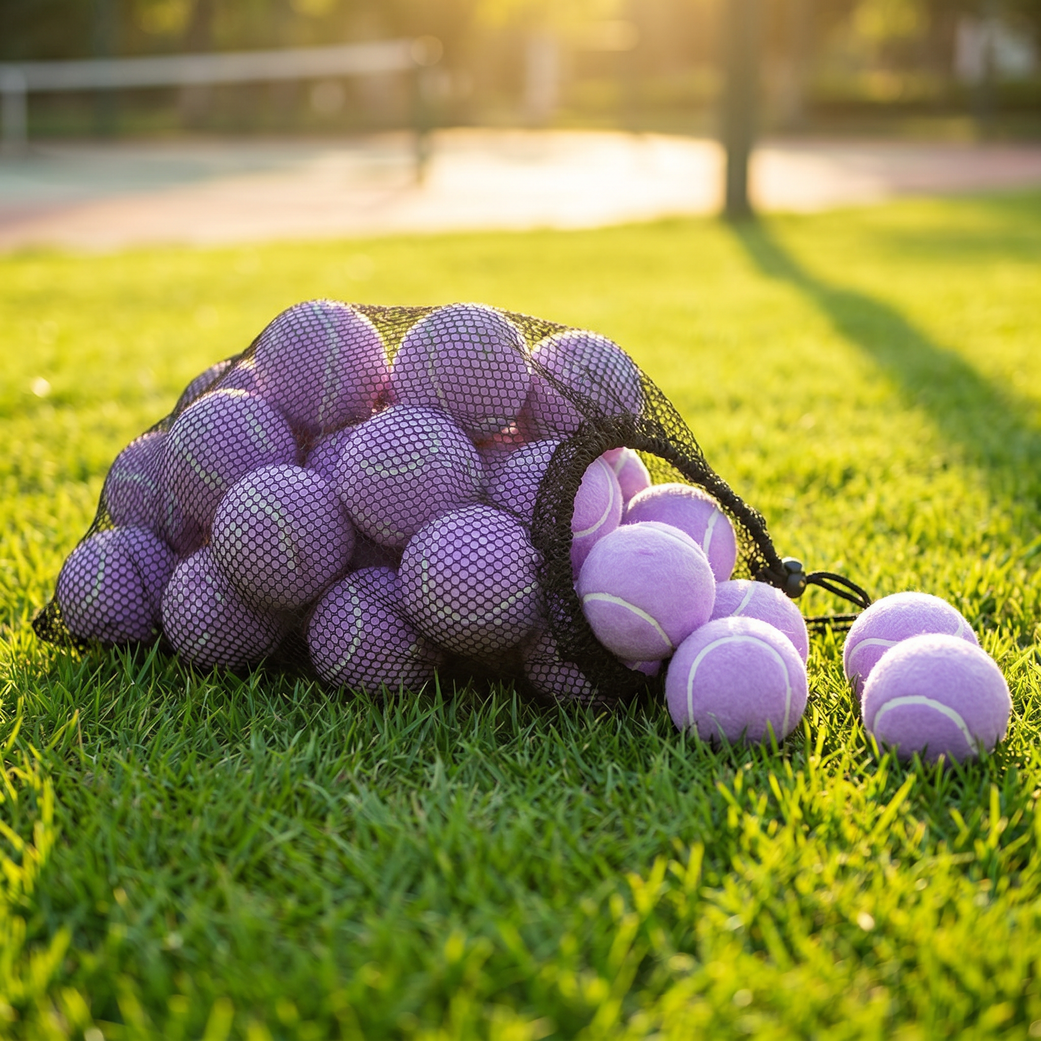 Bag of purple tennis balls on grass with a blurred background
