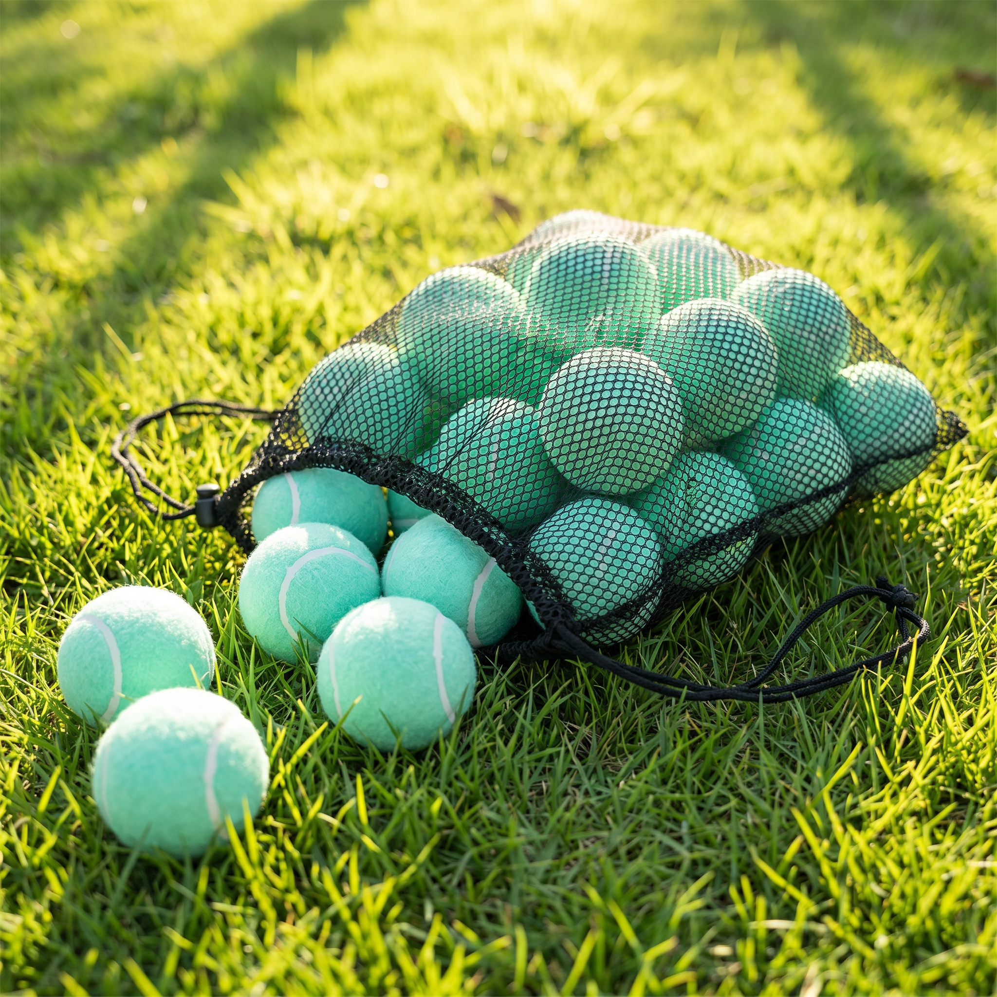 Bag of green tennis balls on grass
