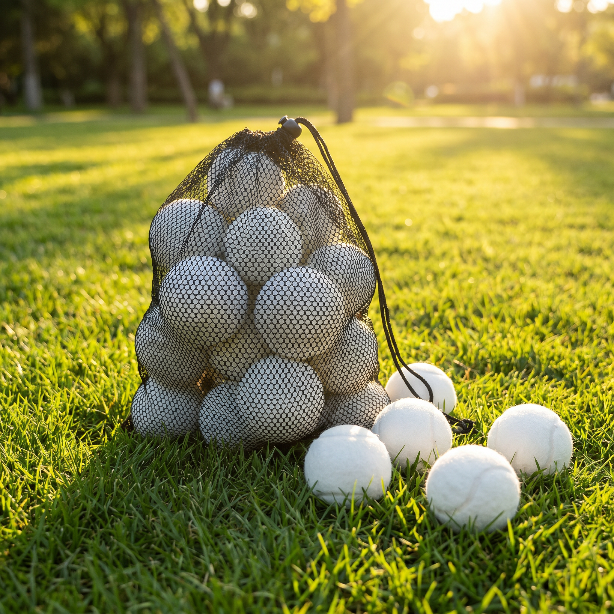 Bag of white tennis balls on a grassy field with sunlight