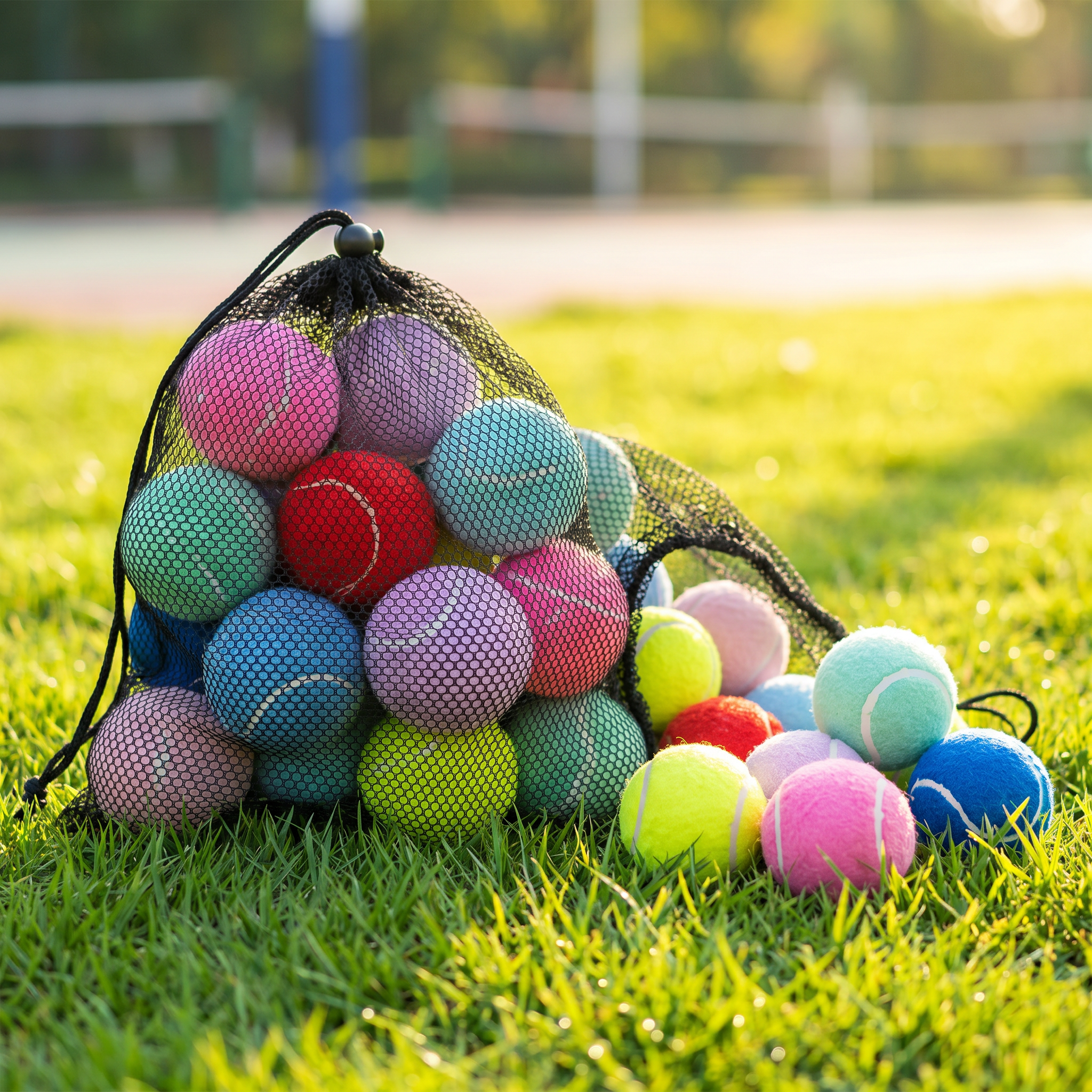 Colourful tennis balls in a drawstring bag on grass