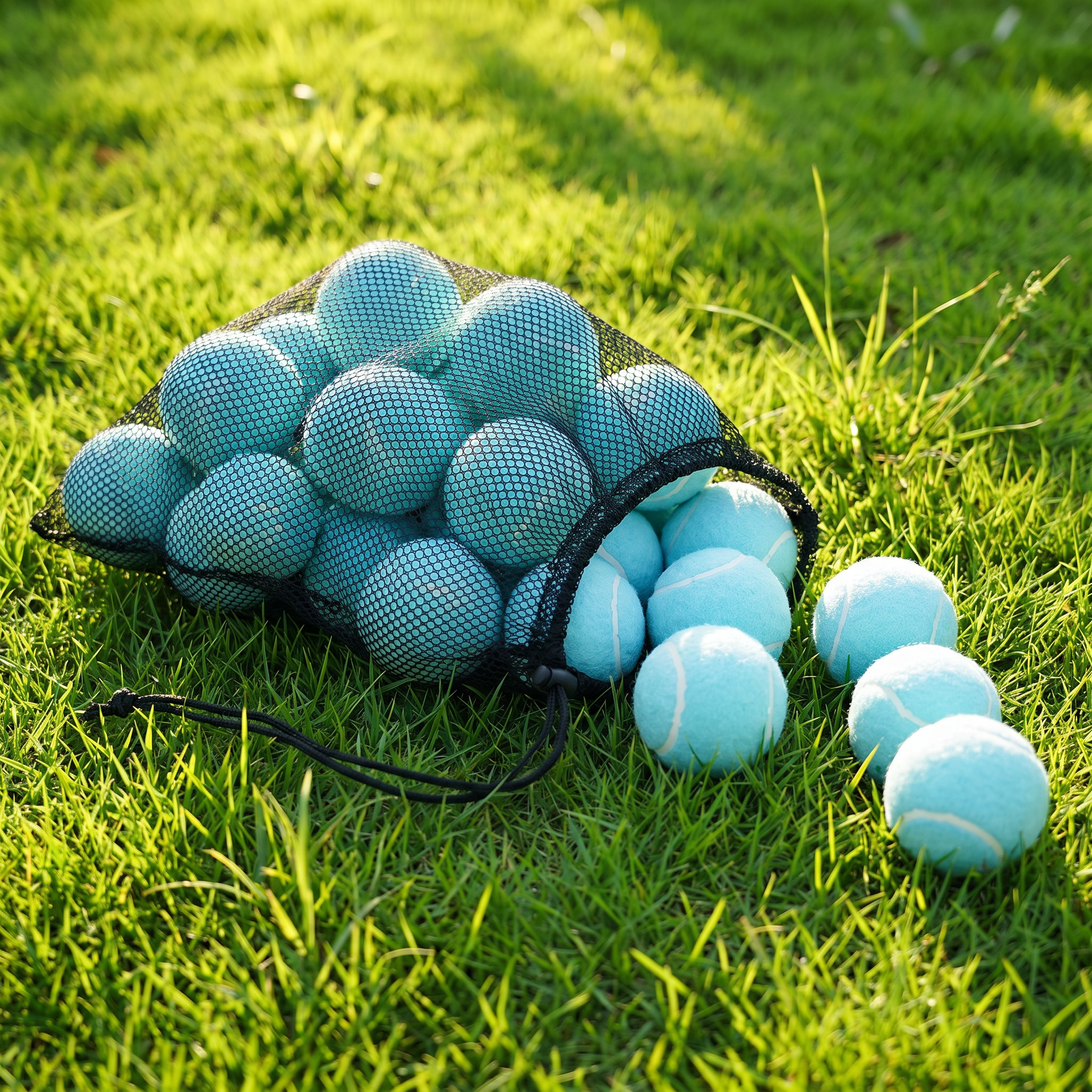 Bag of light blue tennis balls on grass