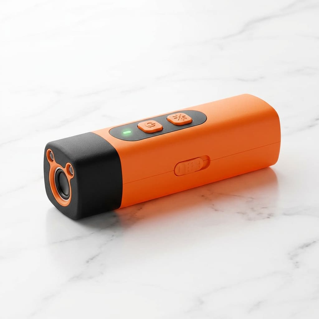 An orange and black handheld ultrasonic dog bark stopper, resting on a white marble surface.