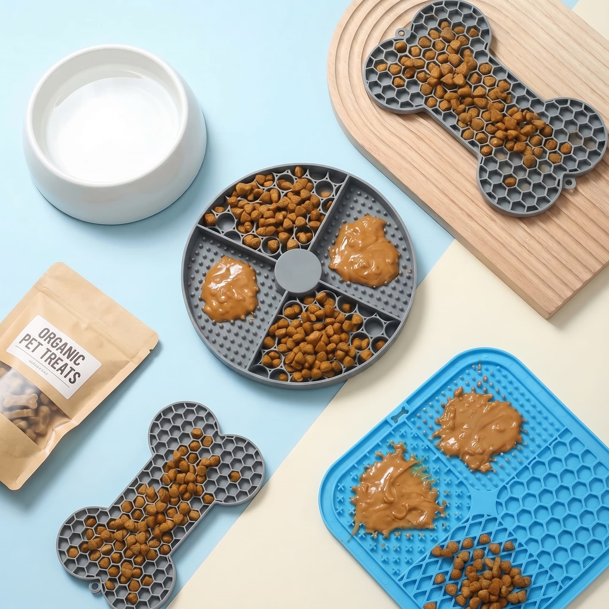 Pet treat dispensers with pet food and a package of organic pet treats on a light blue background.