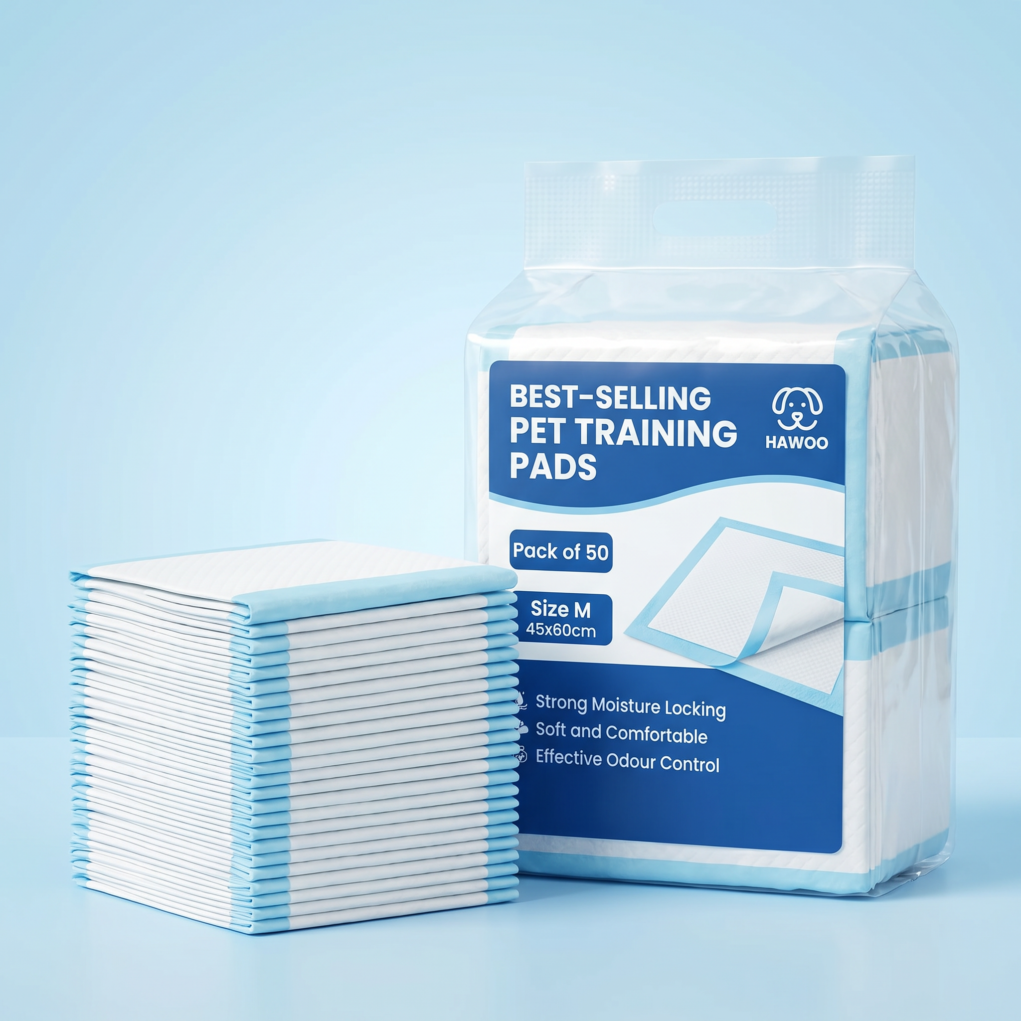 Pack of pet training pads with packaging on a light blue background