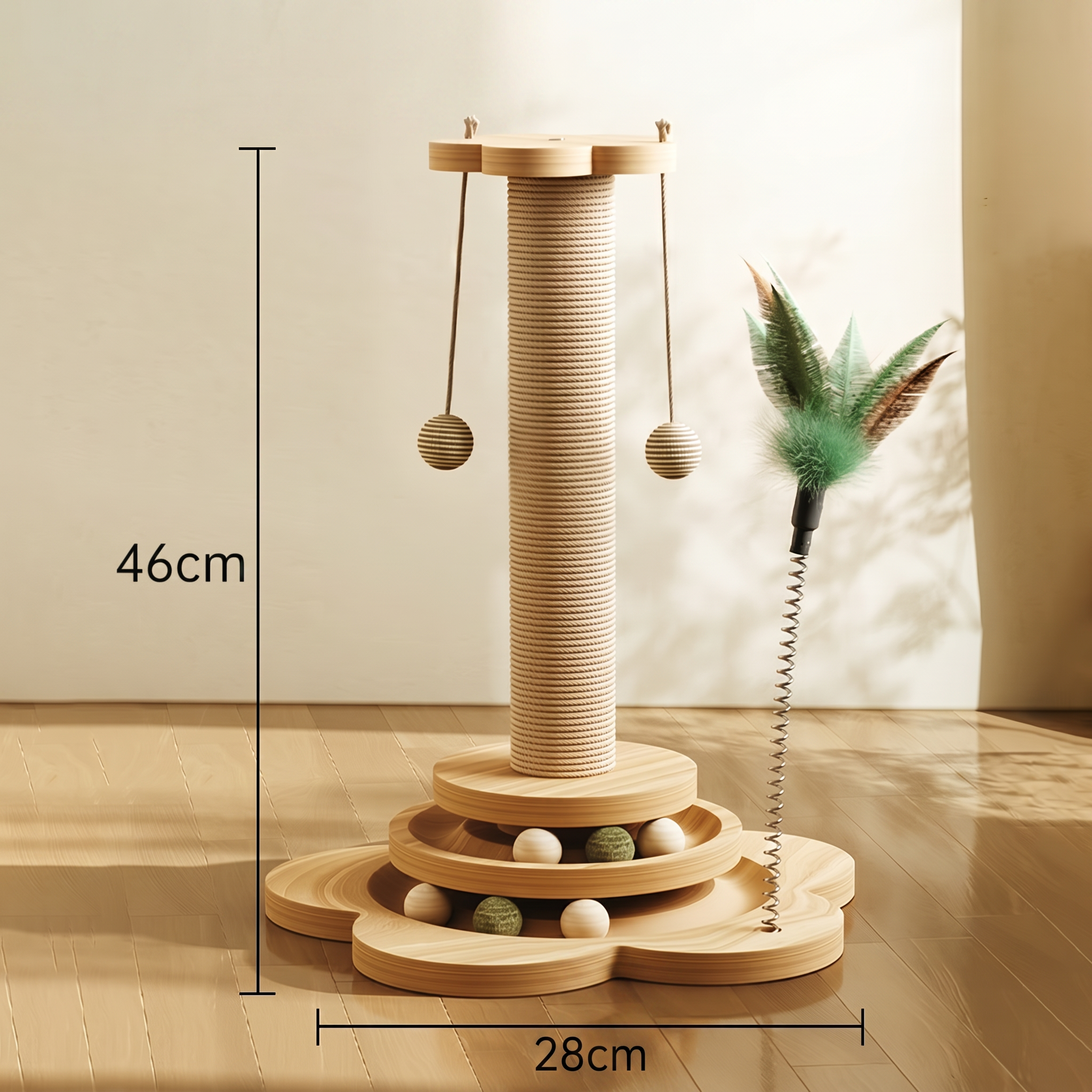 Wooden cat toy with height and diameter measurements on a wooden floor.