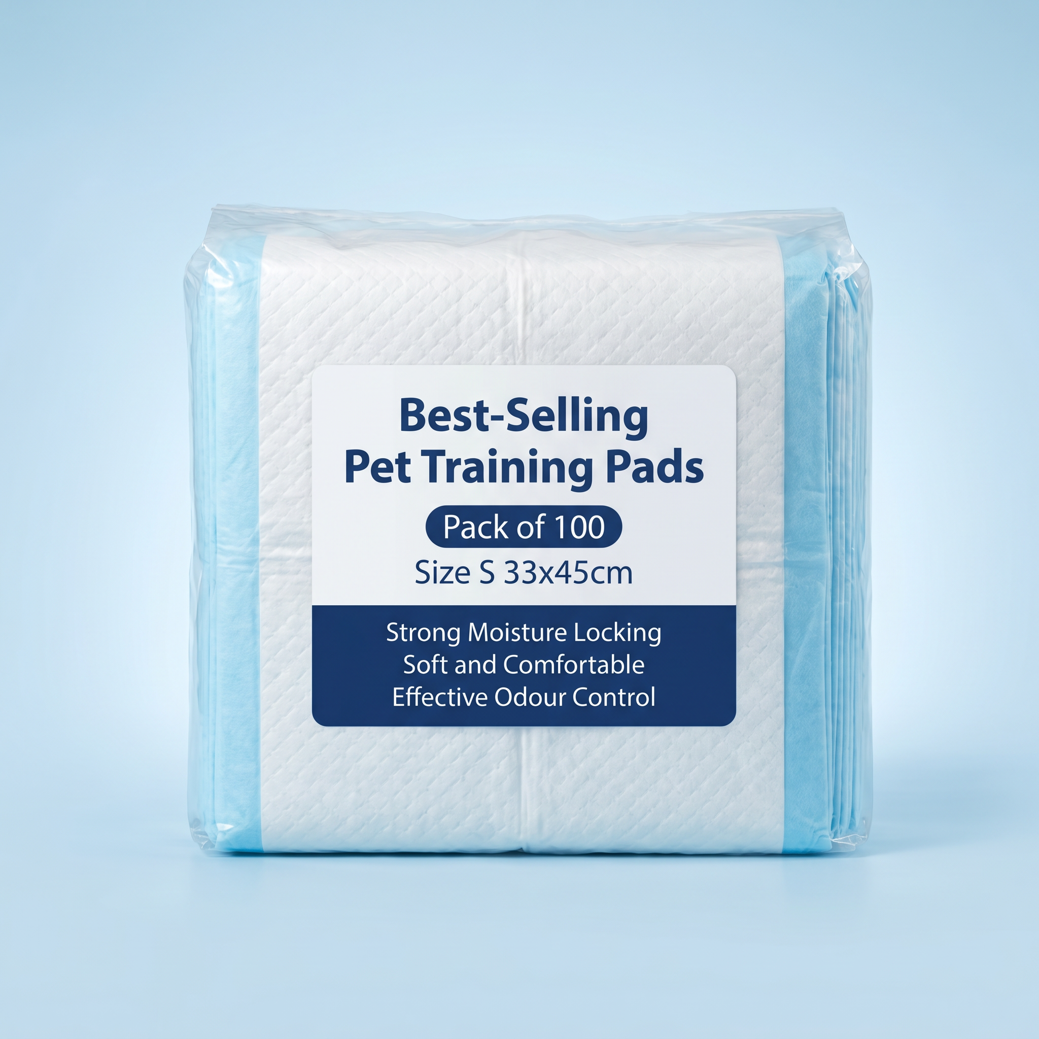 Pack of 100 pet training pads with a blue label on a light blue background
