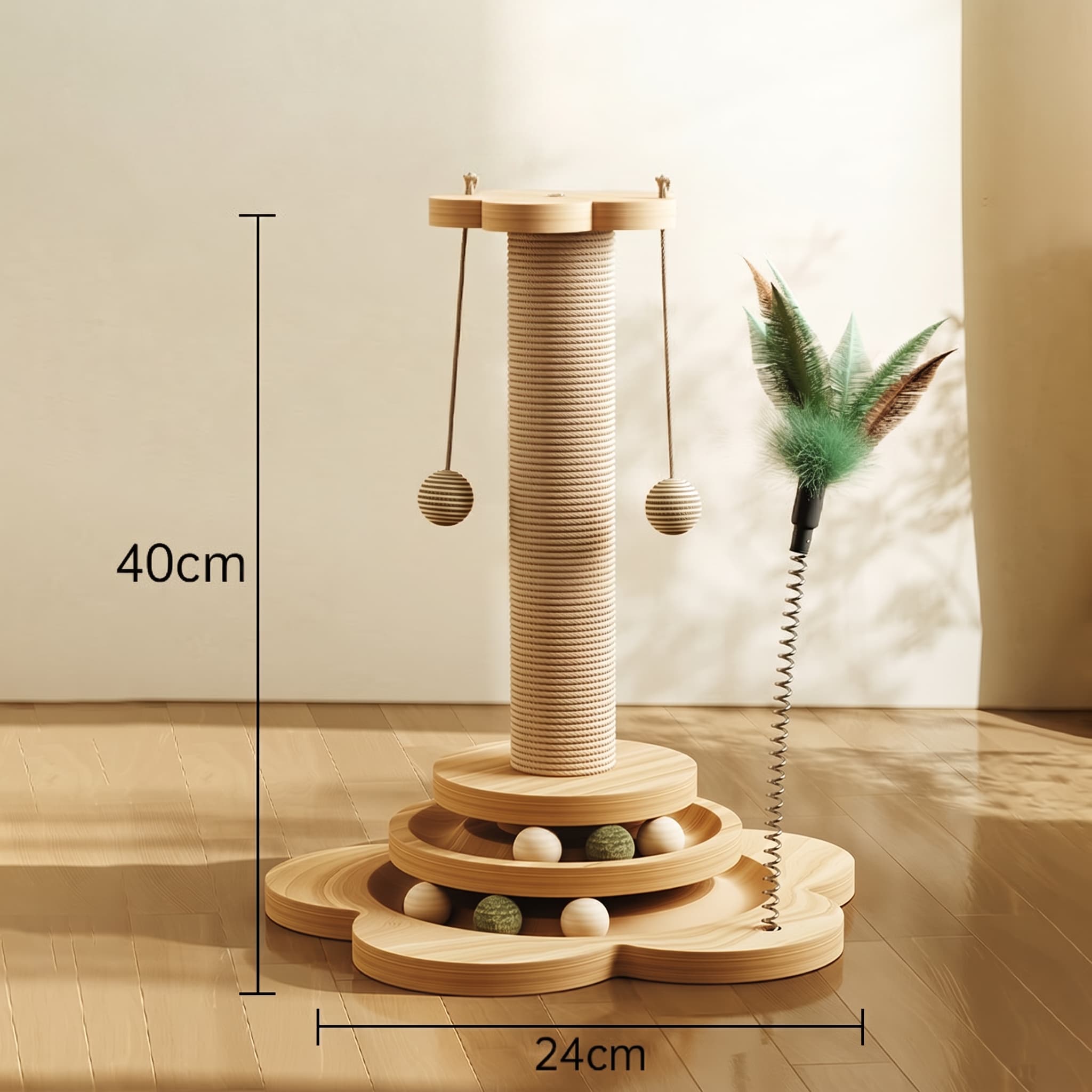 Wooden cat toy with dimensions on a wooden floor