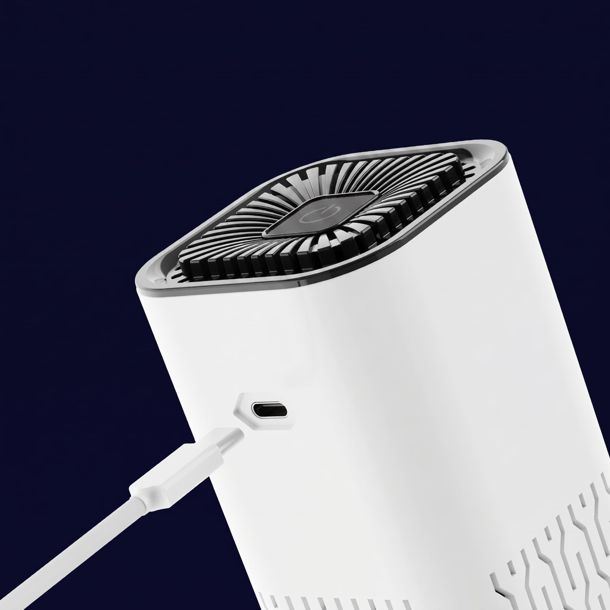 White electronic air purifier device with a cable on a dark blue background