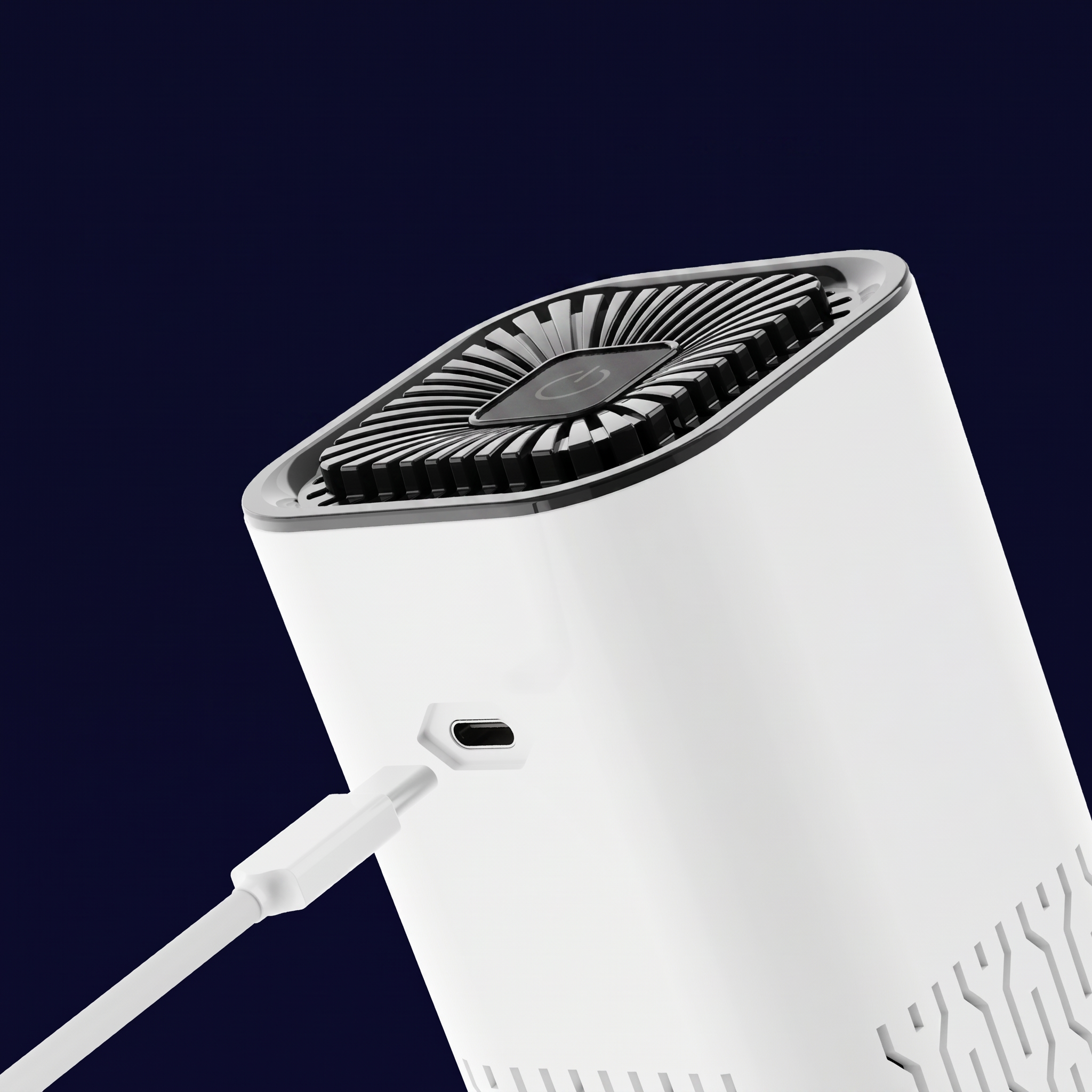 White electronic air purifier device with a cable on a dark blue background