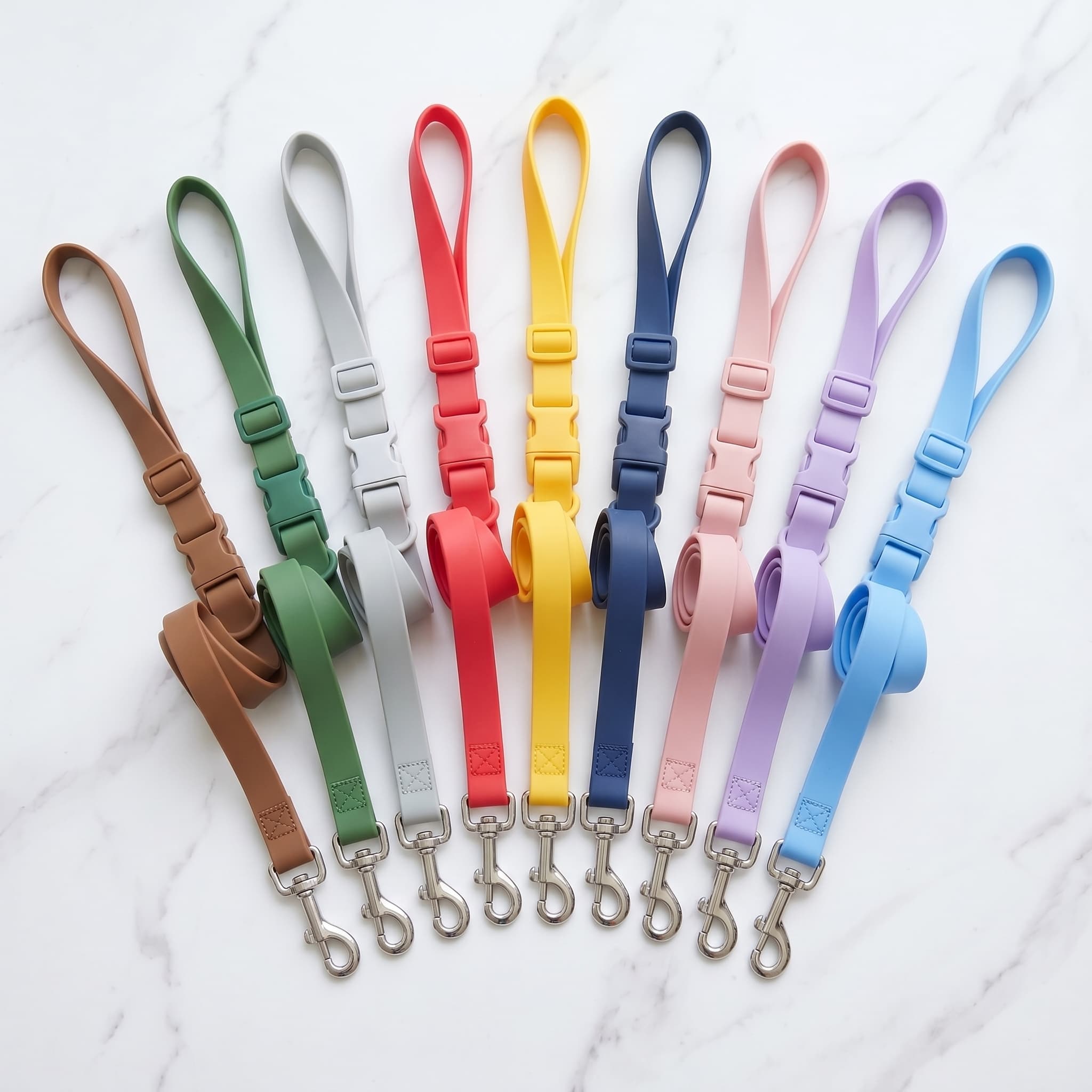Set of colourful dog leads on a light background