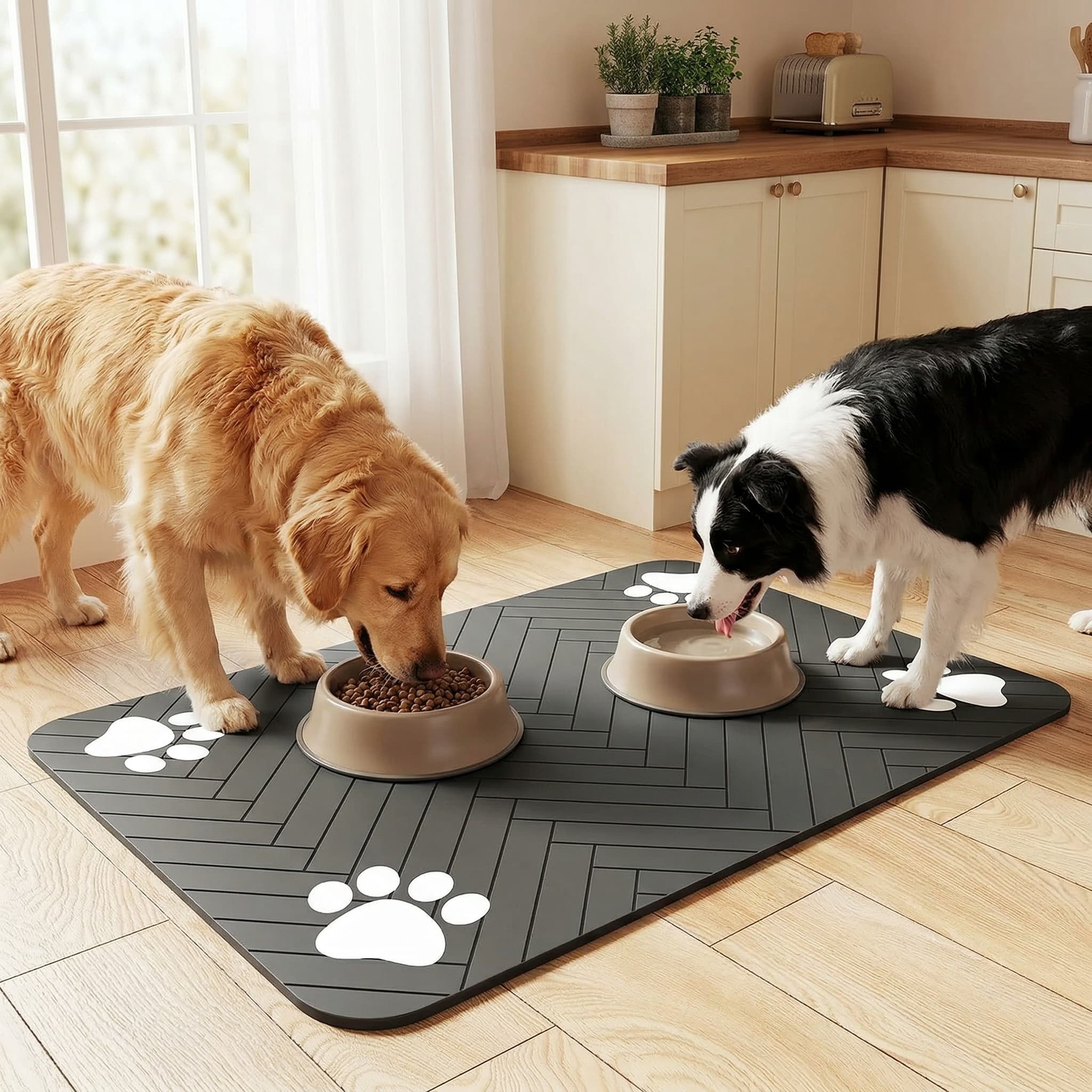 Two dogs eating from bowls on a large mat in a kitchen.
