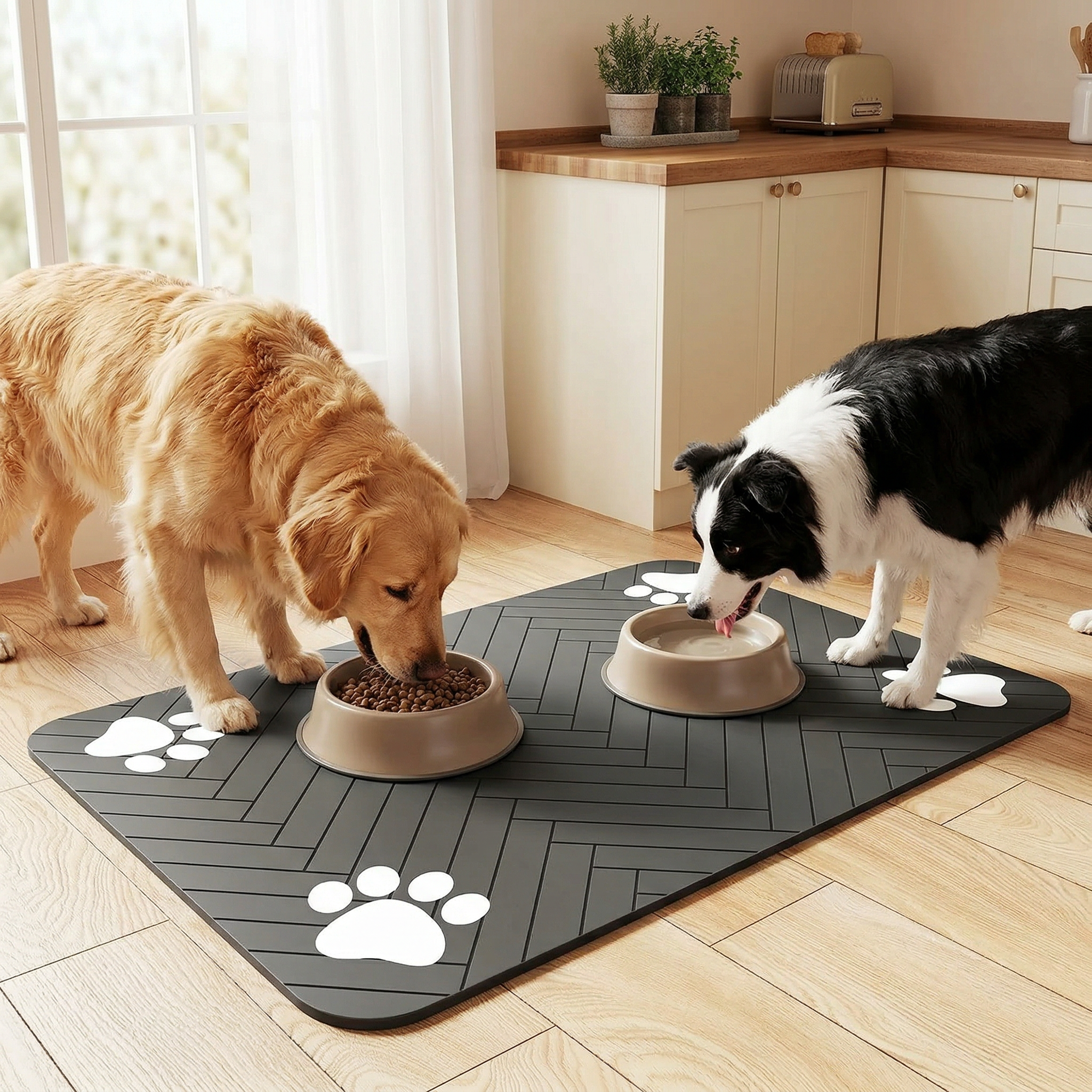 Two dogs eating from bowls on a large mat in a kitchen.