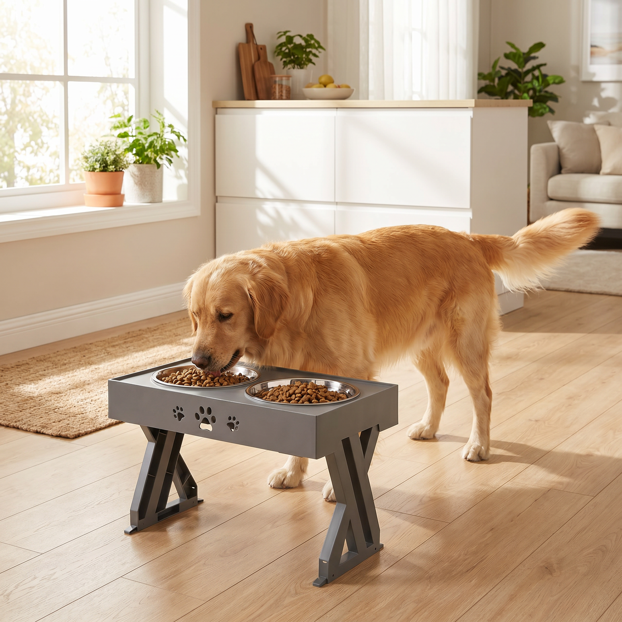 Dog eating from a elevated pet feeder in a bright, well-lit room.