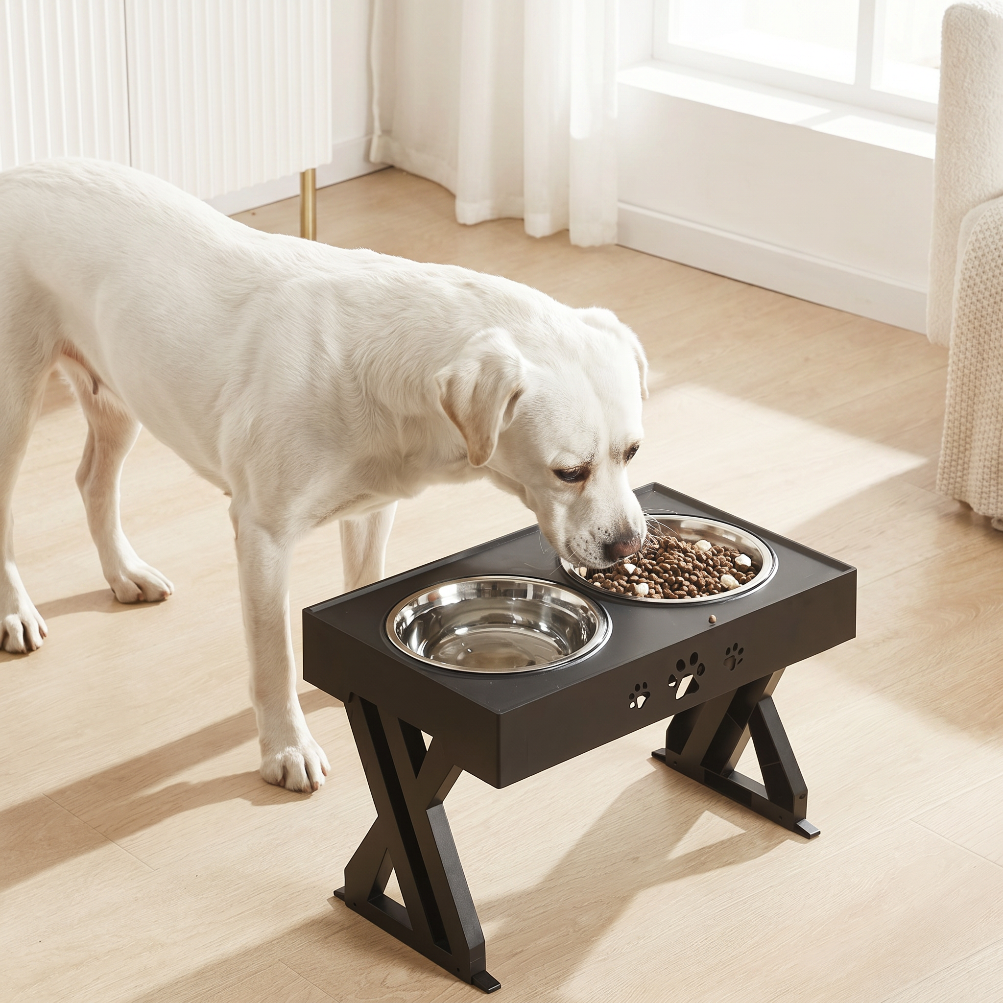White dog eating from a elevated pet feeding station in a bright room.