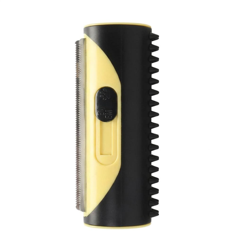 A pet grooming brush with a black and yellow design, featuring a textured black bristle side, a silver metal comb side, and a central black power button.
