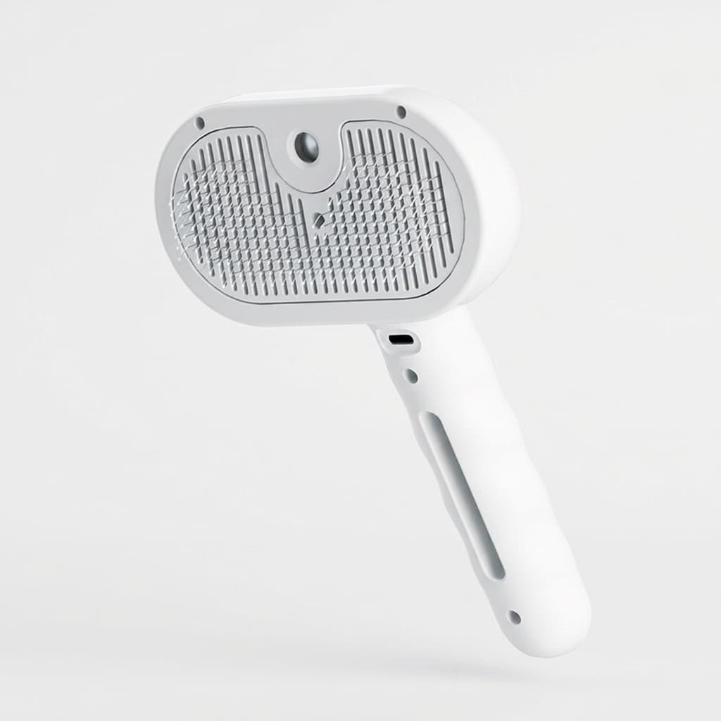 White electric steam spray pet grooming brush with oval head and ergonomic handle on white background
