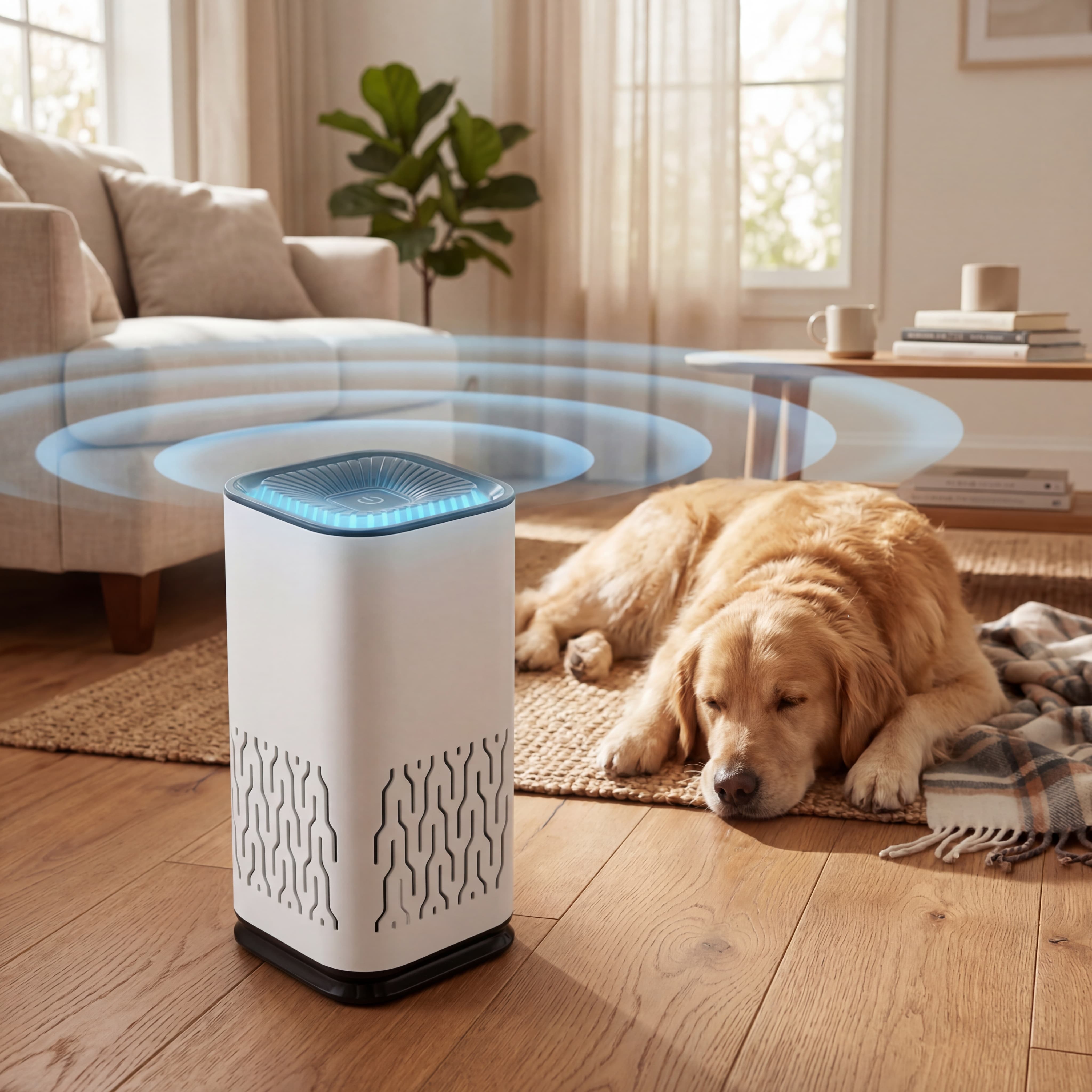 Air purifier on a wooden floor with a dog resting nearby in a living room.