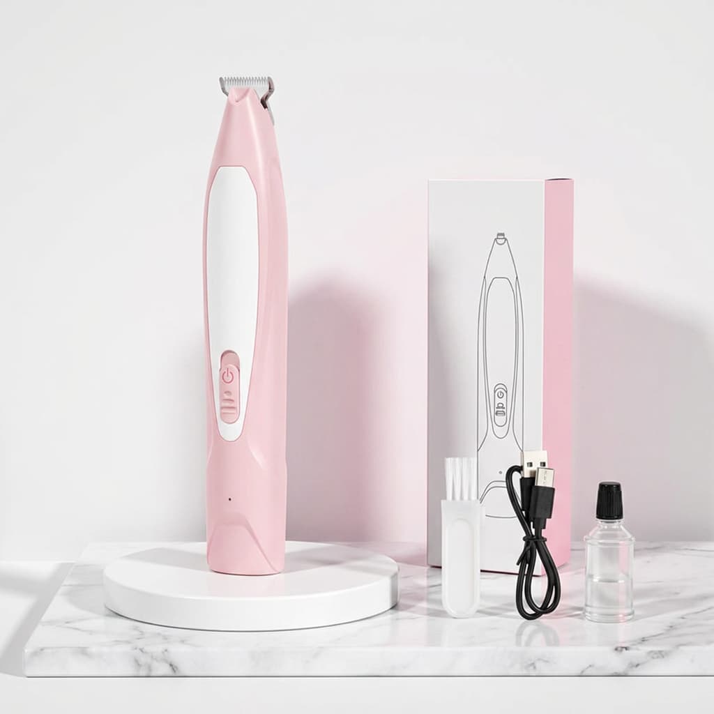 Pink electric pet nail trimmer with a white handle, displayed on a white stand alongside its packaging box, charging cable, cleaning brush, and small bottle on a marble surface.