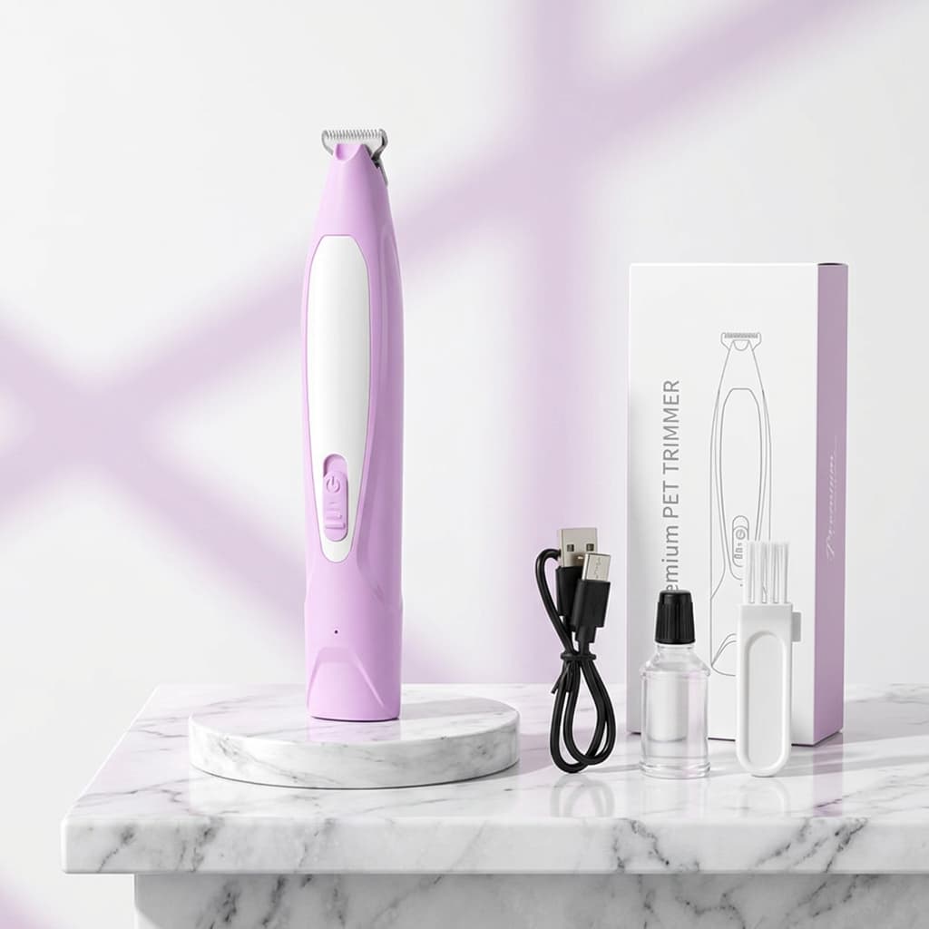 Purple electric pet nail trimmer with a white handle, displayed on a white stand alongside its packaging box, charging cable, cleaning brush, and small bottle on a marble surface.