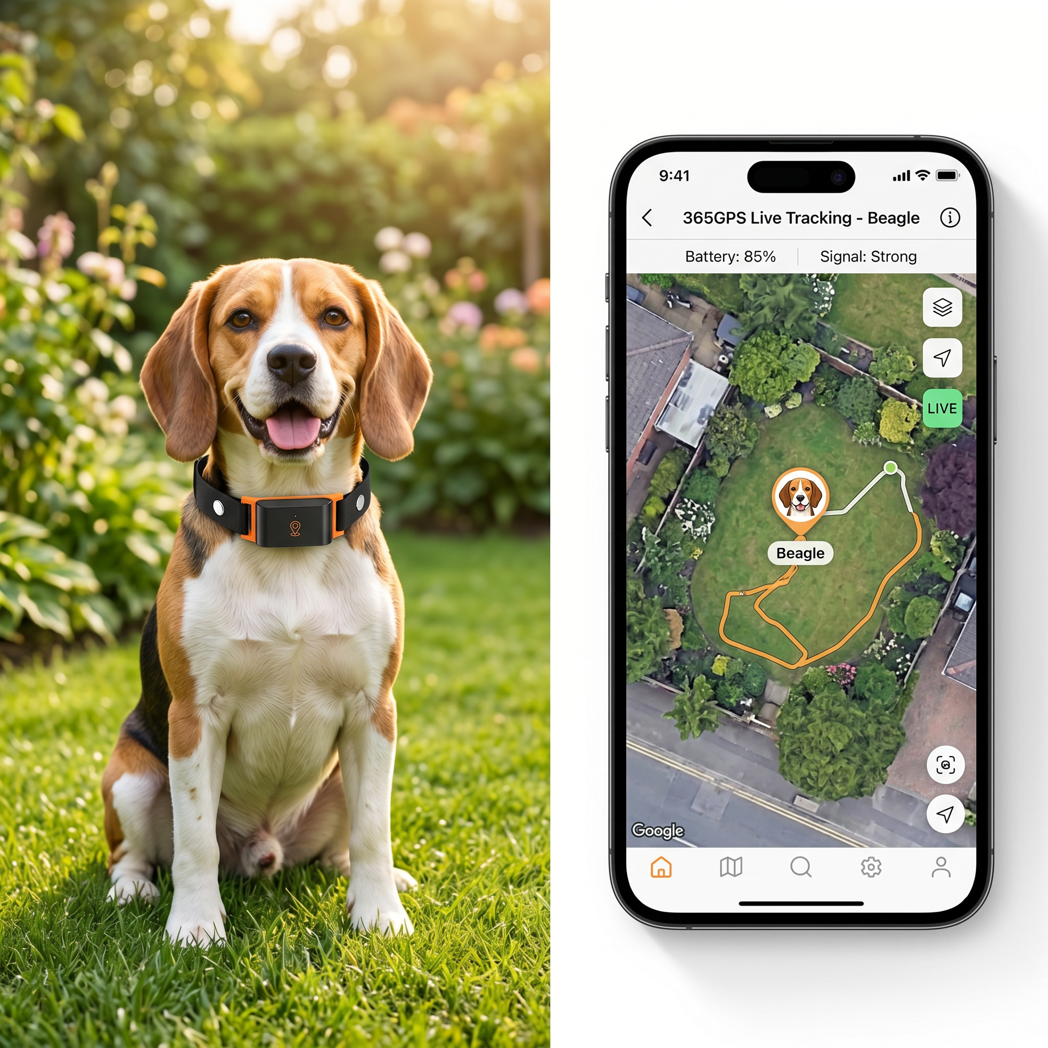 Dog wearing a GPS collar with a smartphone app showing live tracking on a garden background