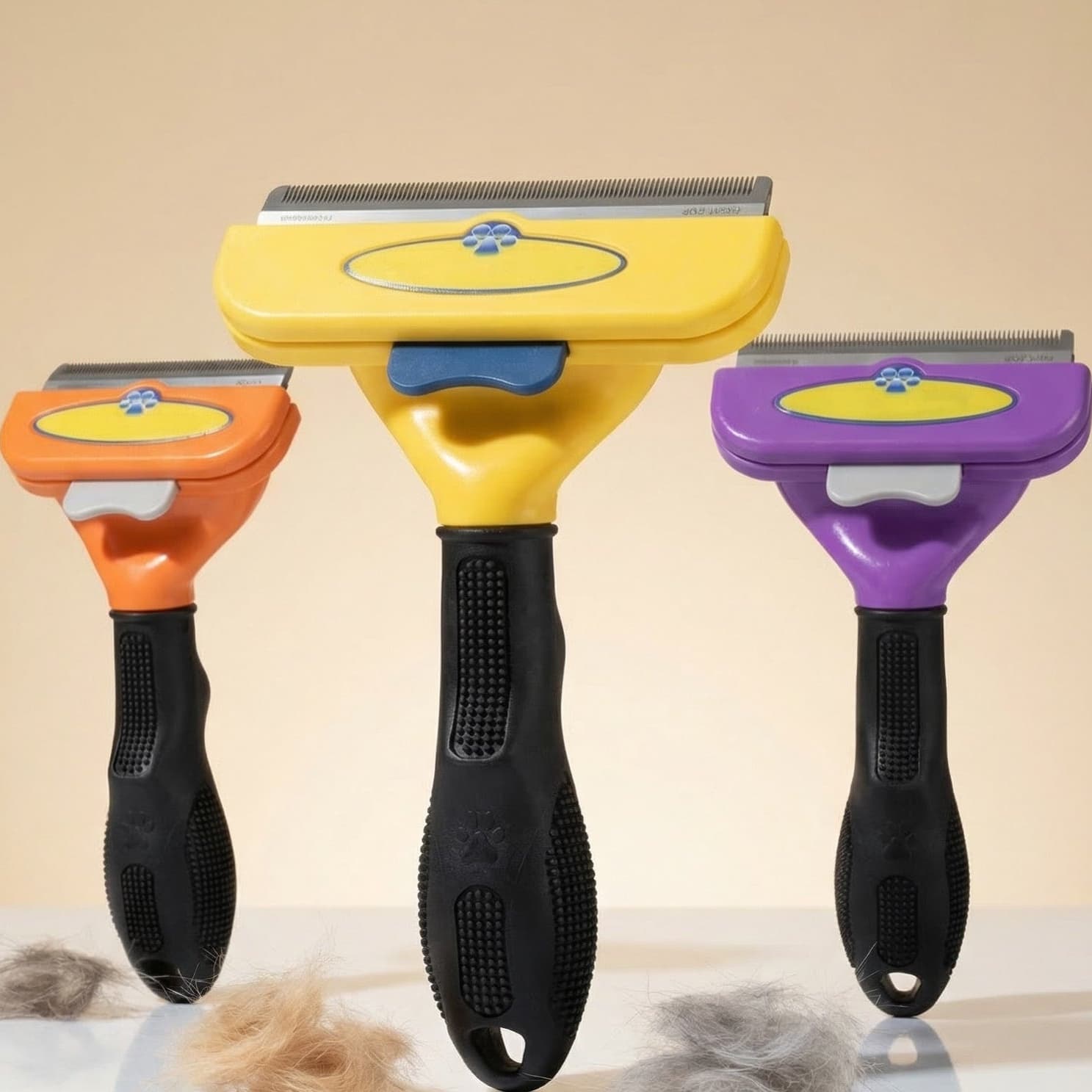Three pet grooming brushes with orange, yellow, and purple handles on a beige background.