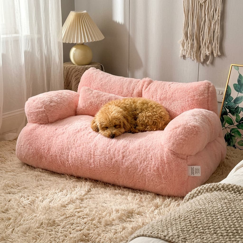 A fluffy pink pet sofa bed with a small golden-brown dog sleeping on it, placed on a shag rug in a cozy living room setting.