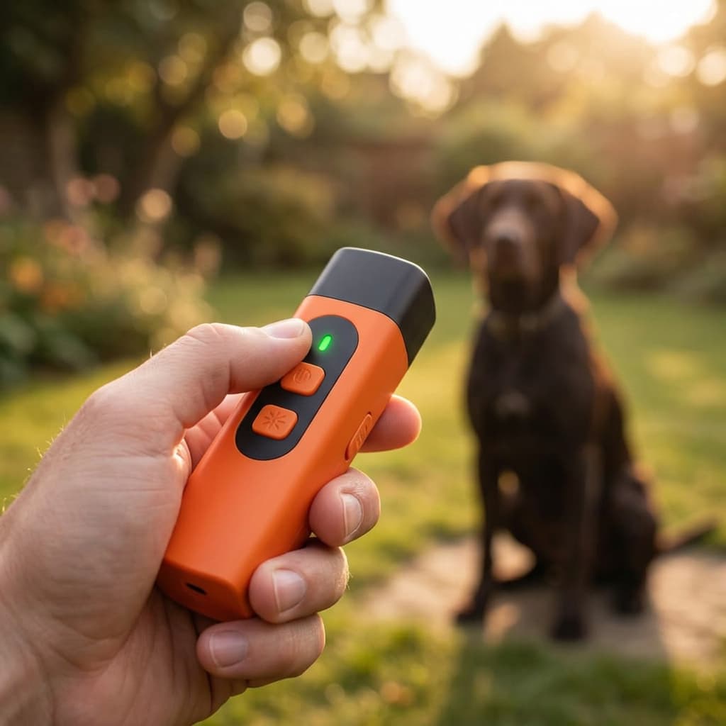 A hand holding ultrasonic dog bark stopper in the foreground, with a blurred brown dog sitting in a sunny grassy yard in the background.