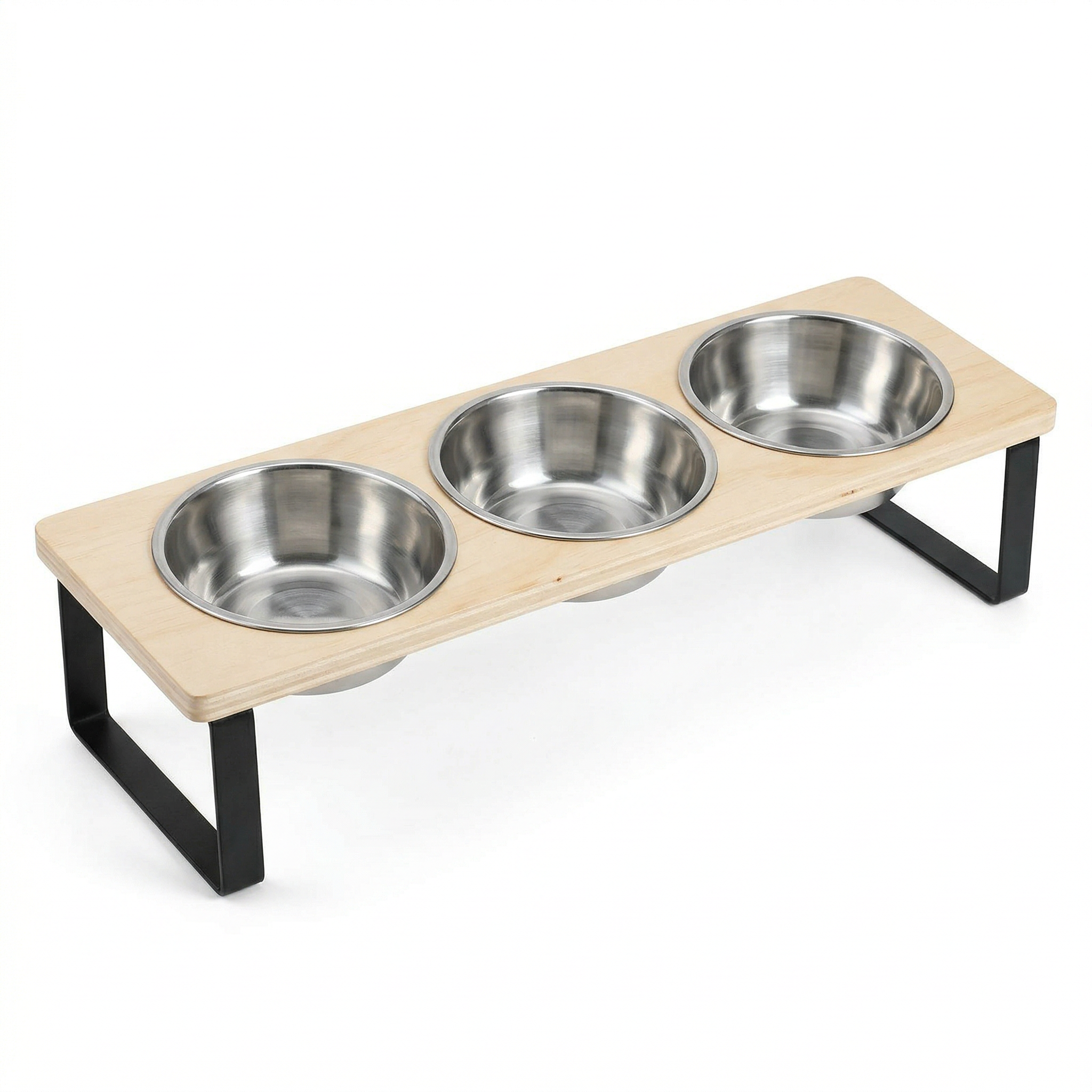 Pet feeding station with three stainless steel bowls on a wooden platform with black metal legs.