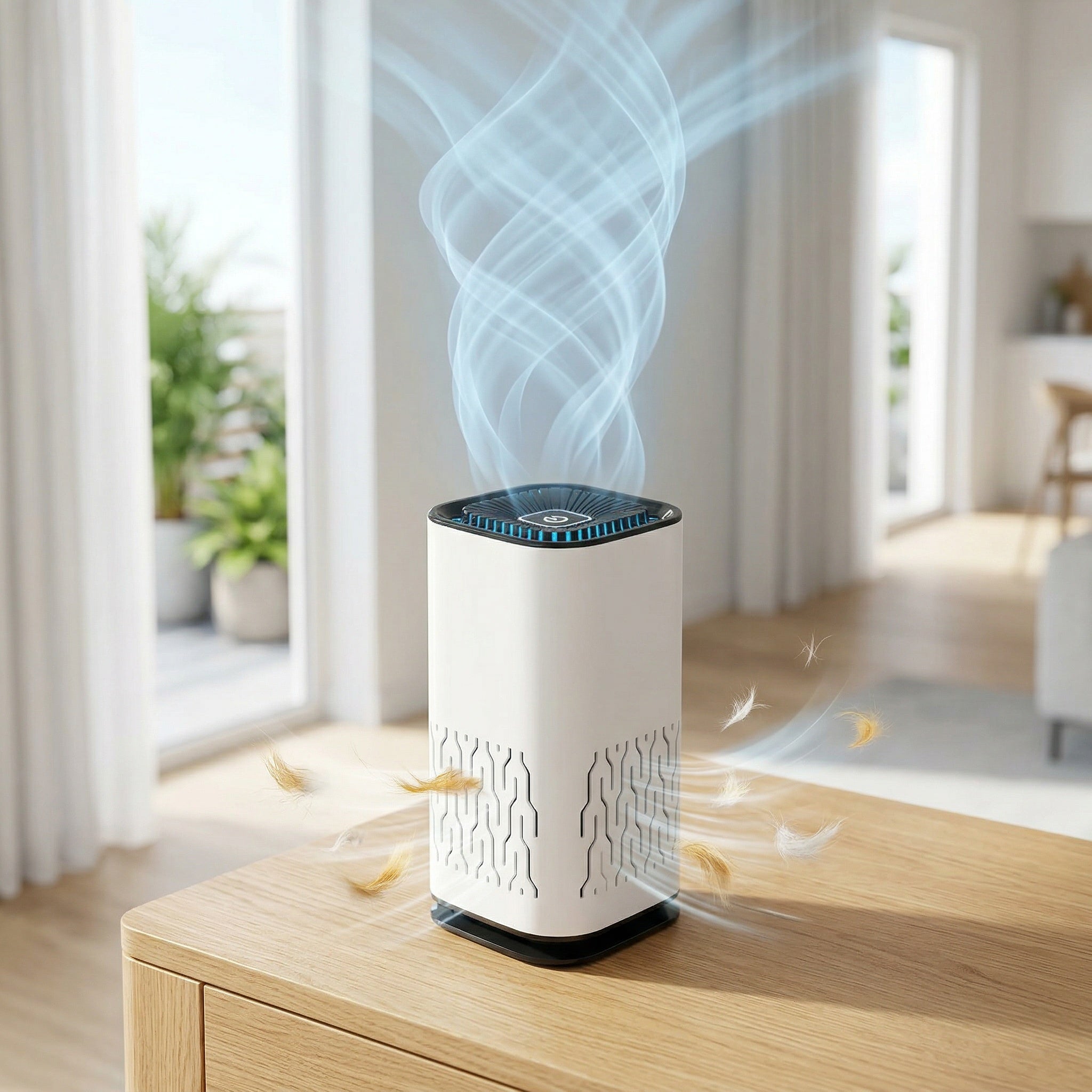 Air purifier emitting mist in a bright room with plants and furniture.