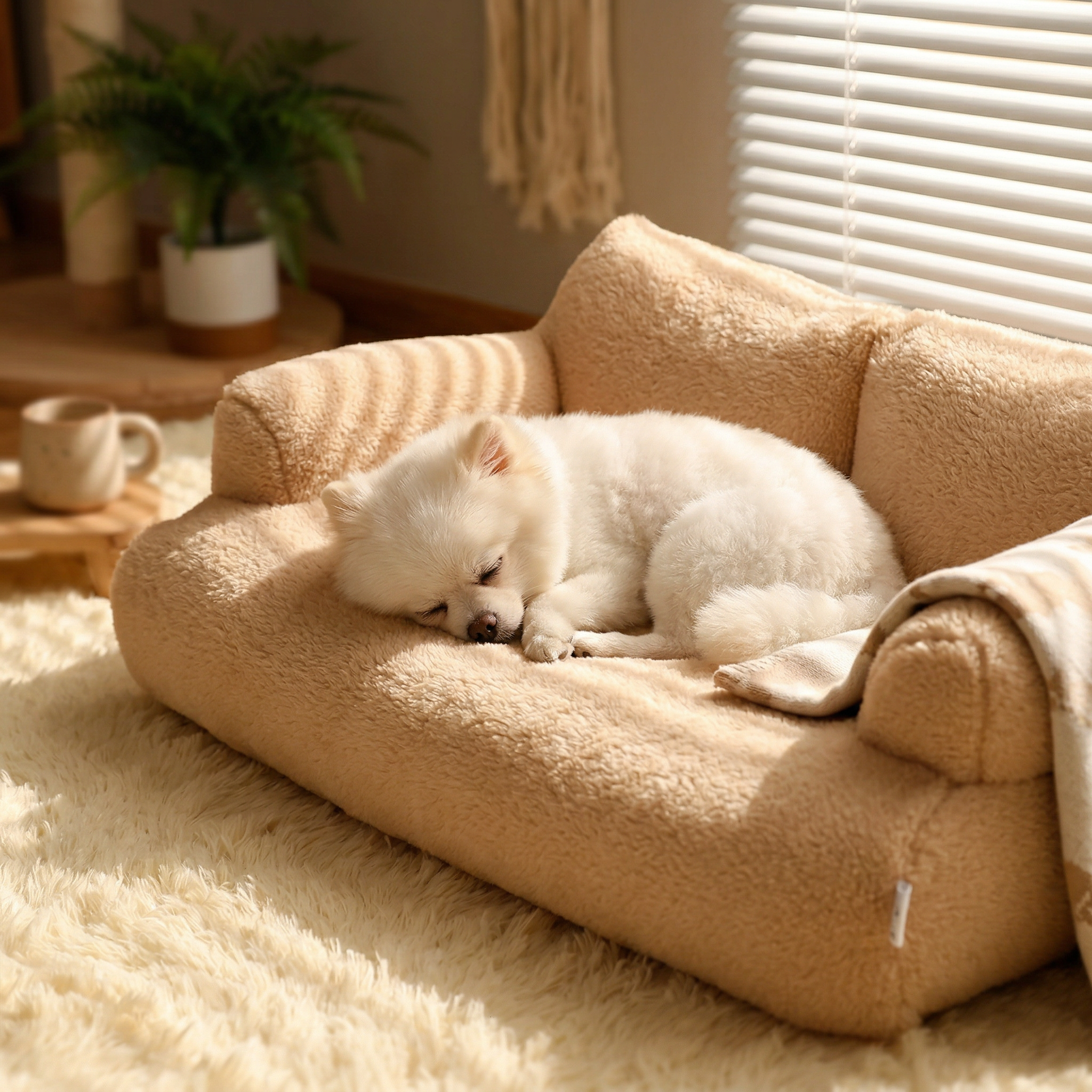 White dog sleeping on a fluffy beige pet bed in a cozy room with a plant and cup in the background.