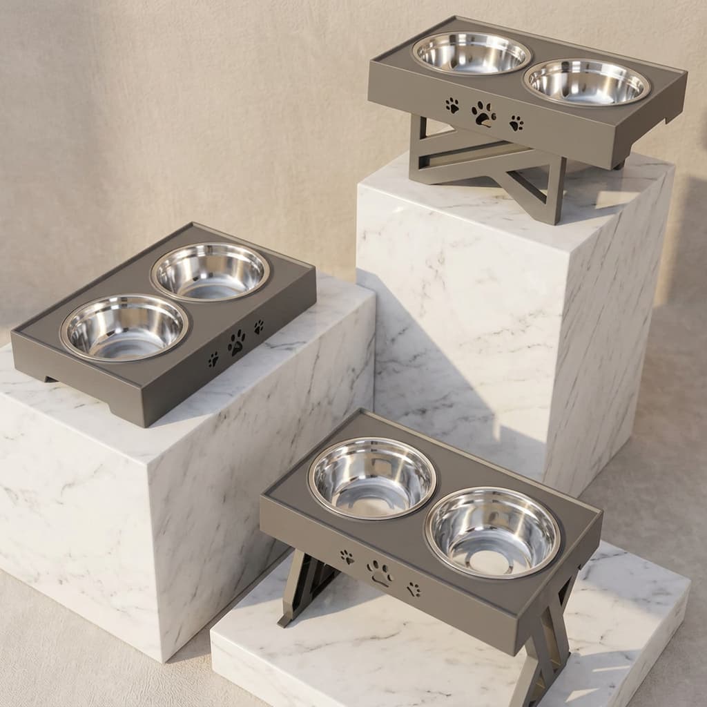 Three grey elevated pet feeding stations with stainless steel bowls, displayed on white marble pedestals against a beige studio background.