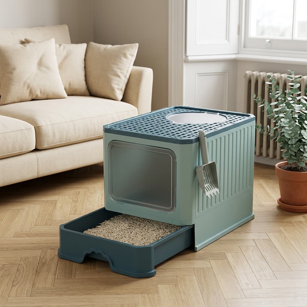 A modern plastic litter box with a raised top, front viewing panel, and pull-out litter tray, shown in a bright living room beside a sofa and potted plant.