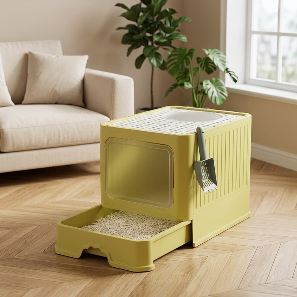 A yellow modular plastic litter box with an open front tray filled with litter, a top opening with a white liner, and a metal litter scoop hanging on the side, shown in a staged living room setting with a sofa, plant, and window.