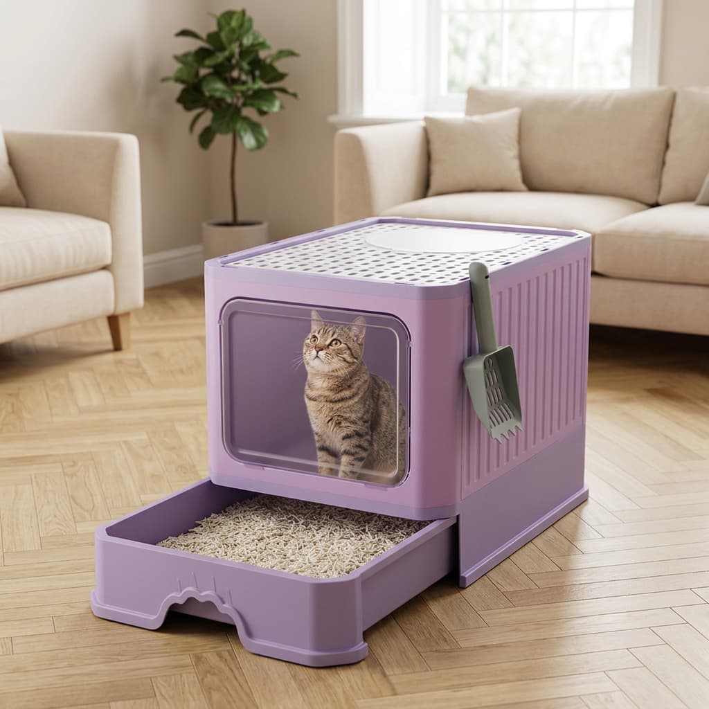 A lavender purple automatic cat litter box with a transparent viewing window showing a tabby cat inside, a drawer-style litter tray pulled out below, and a gray scoop attached on the side, set in a bright living room with wood floors and beige sofas.
