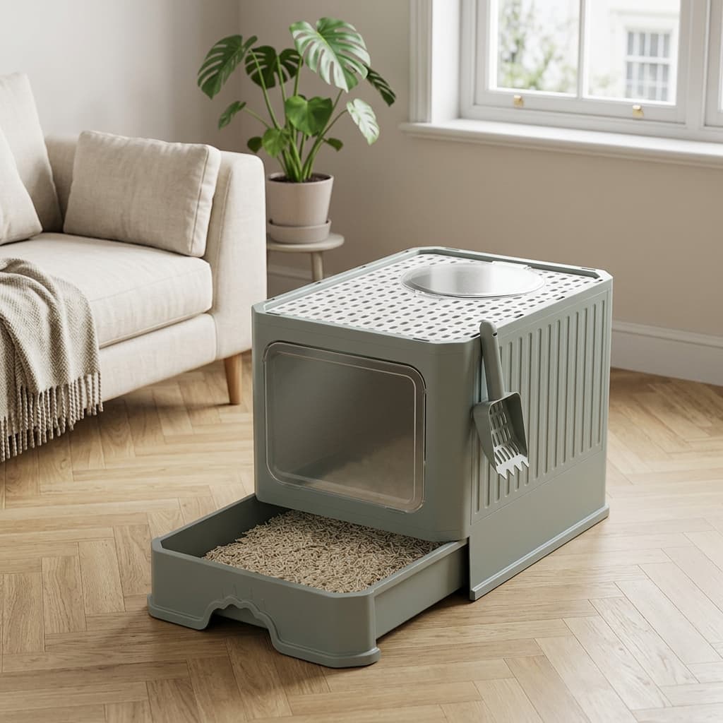 A modern elevated cat litter box in a sage green-grey colour, shown in a bright living room setting with its litter drawer pulled out. The litter box features a slotted top, a white bowl, a side-mounted scoop, and a clear front litter door.