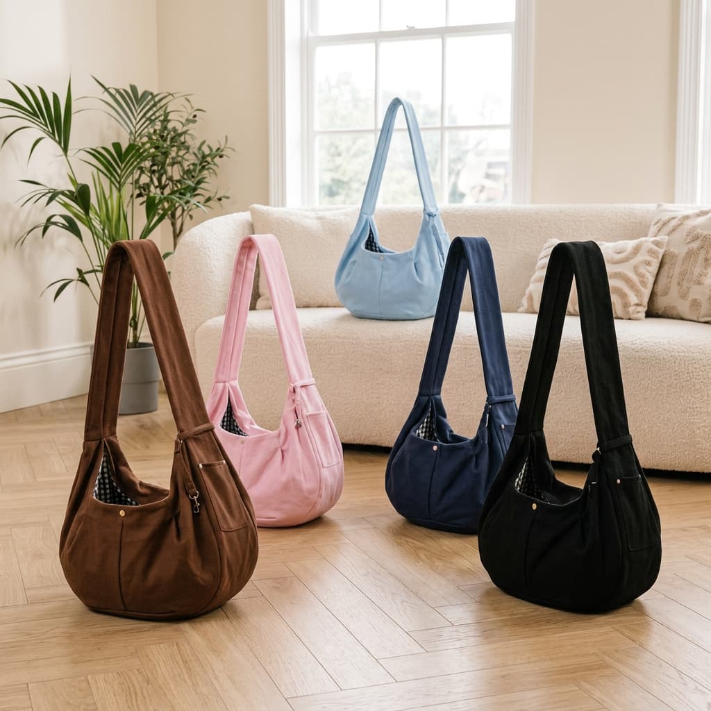 Four slouchy shoulder bags in brown, pink, navy, and black are arranged on a wooden floor in a bright living room setting with a sofa and window in the background.