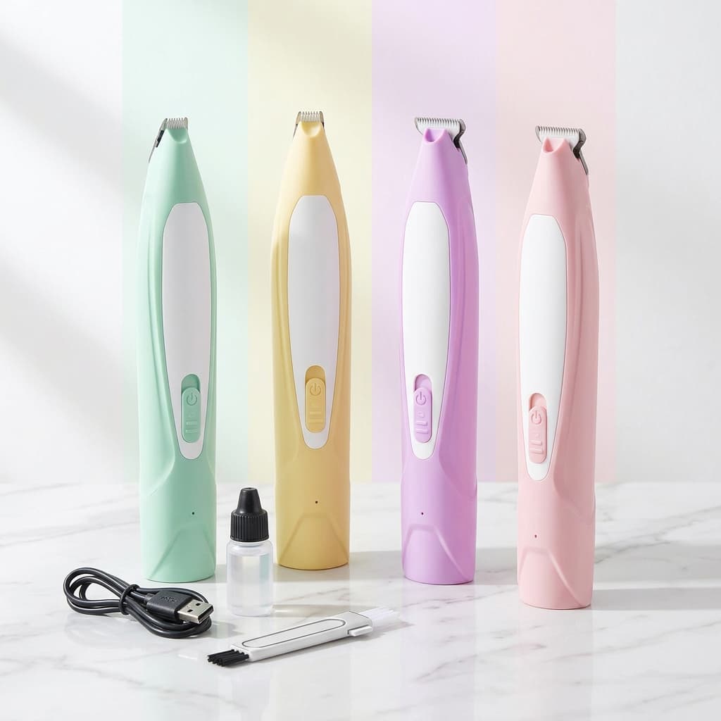 Four handheld pet grooming trimmers in pastel mint green, pale yellow, lavender, and blush pink are displayed on a light marble surface with a charging cable, small bottle, and metal cleaning brush. The background is white with soft pastel vertical color blocks.