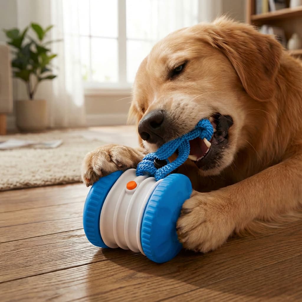 A golden retriever dog lies on a wooden floor indoors, chewing on a blue and white cylindrical interactive dog toy with a blue rope loop.