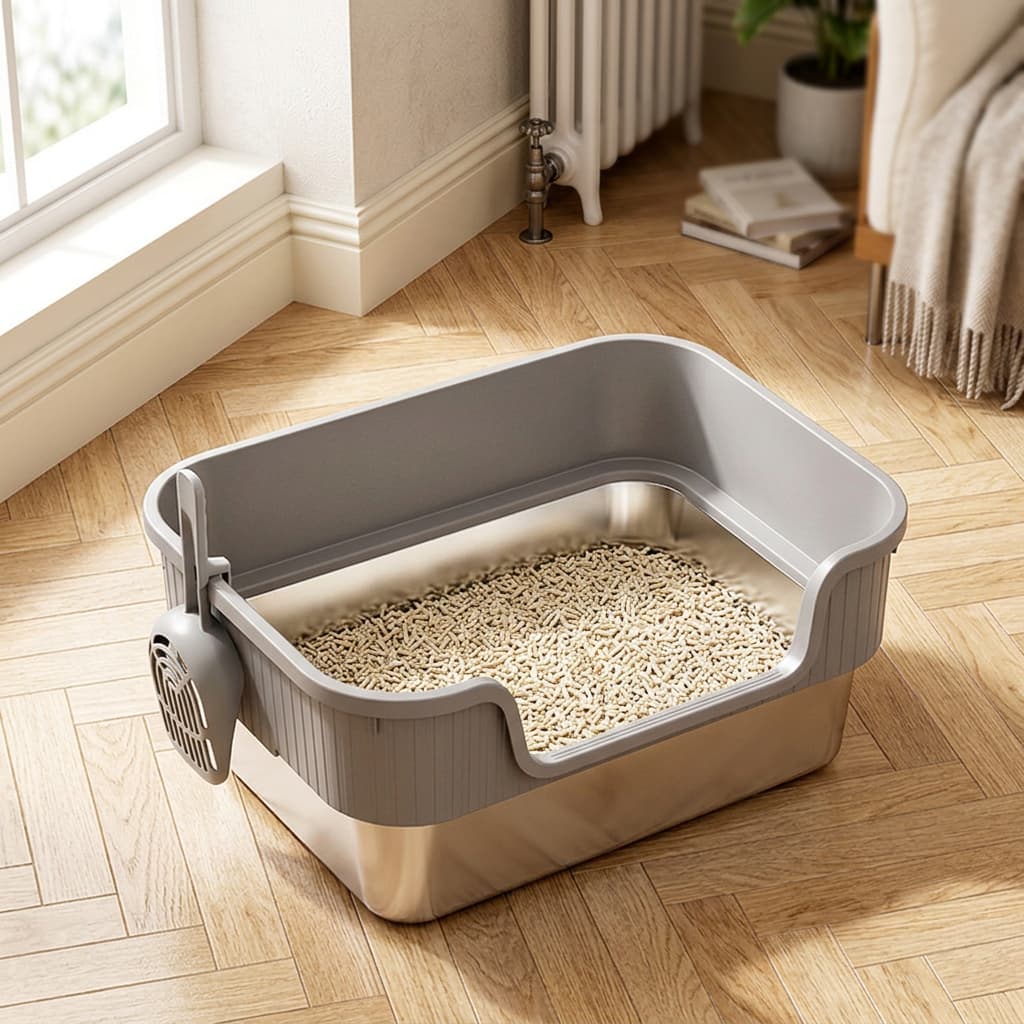 A grey and stainless steel litter box with a scoop on the side, filled with cat litter, placed on a light wood herringbone floor in a bright room.