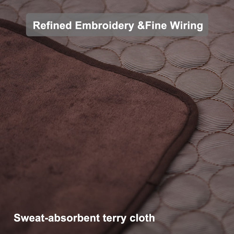 Close-up of a brown self cooling mat with text about embroidery, wiring, and absorbent quality.