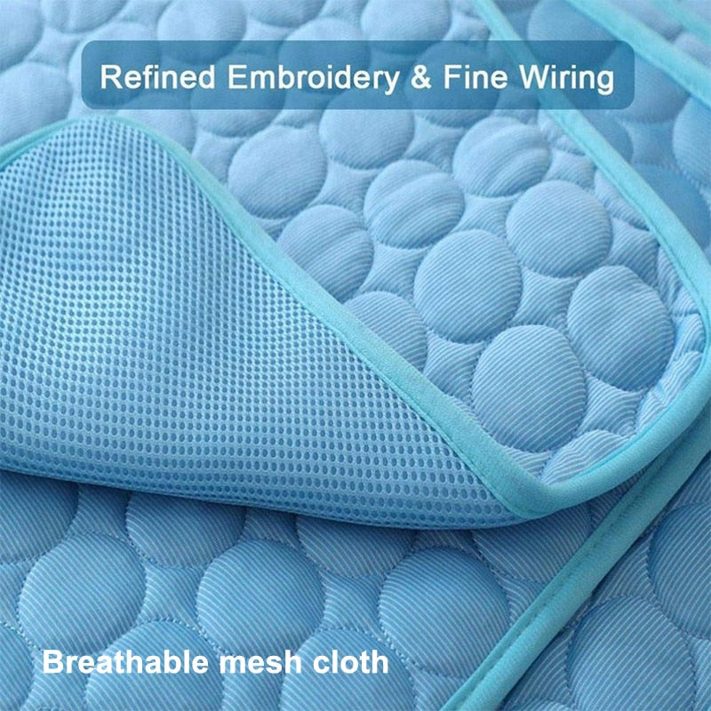 Blue self cooling mat with breathable mesh cloth and text highlighting features